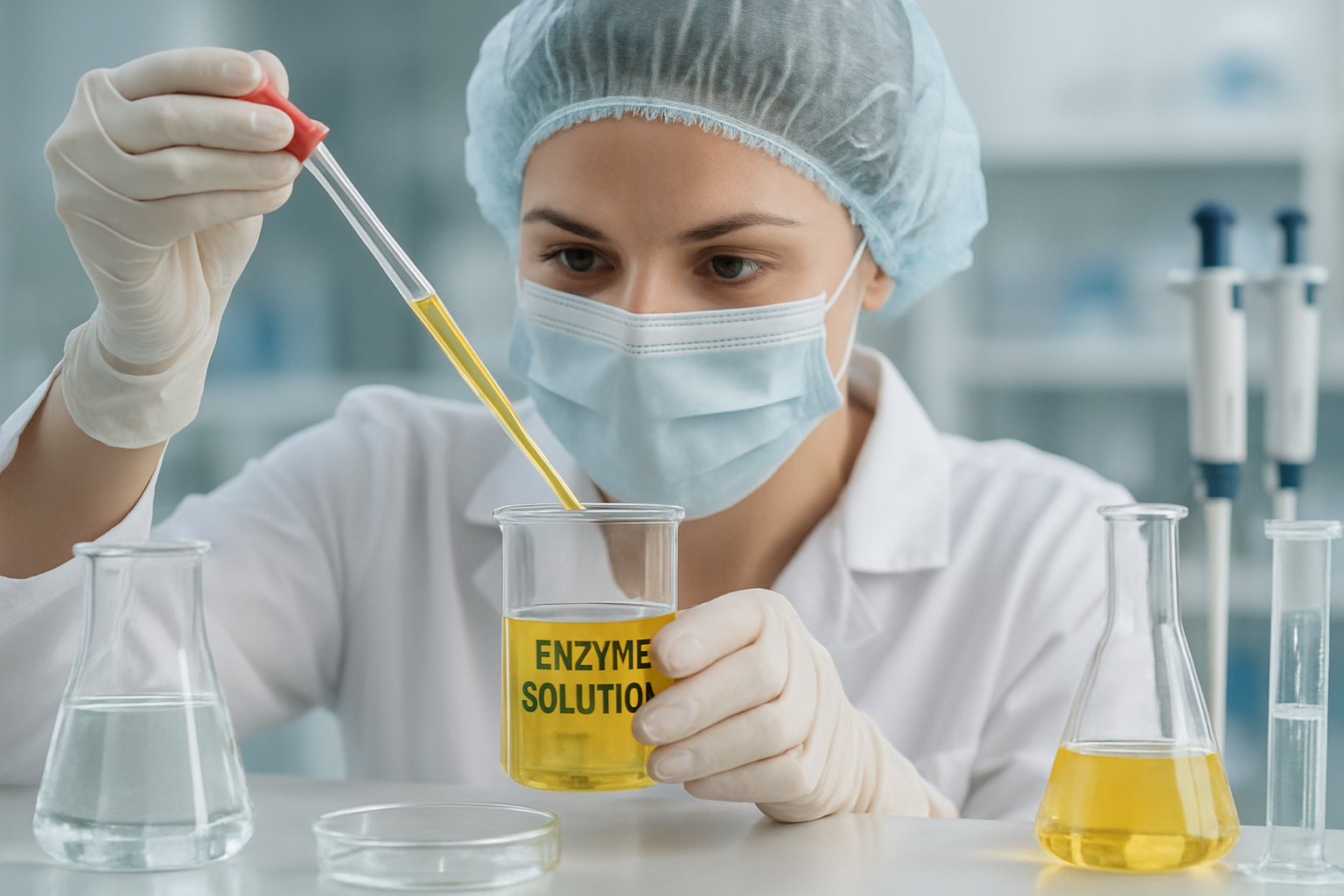 Laboratory technician measuring enzyme solutions in a sterile environment.