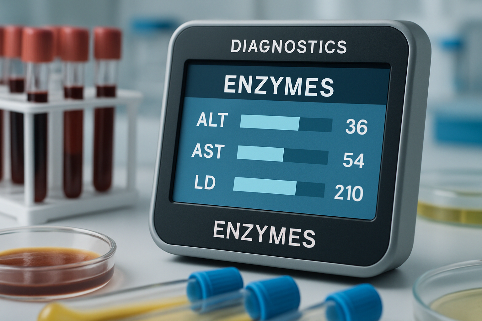 Diagnostic equipment measuring enzyme levels in a clinical lab.