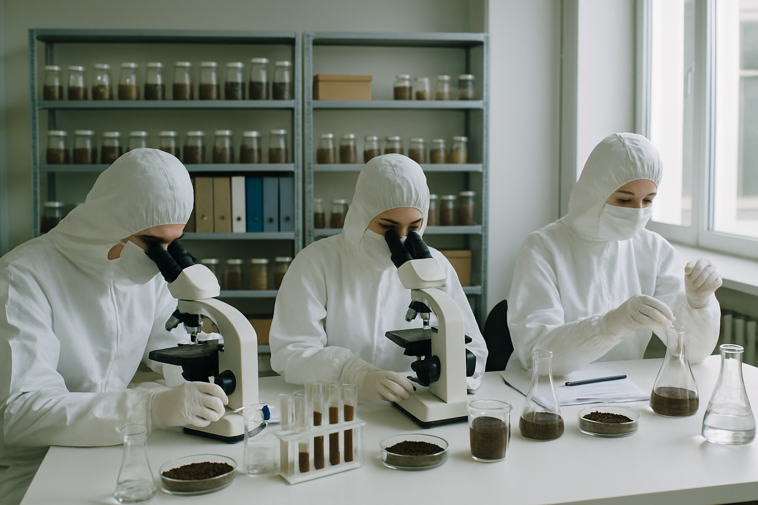 Environmental scientists analyzing soil samples in a cleanroom lab.