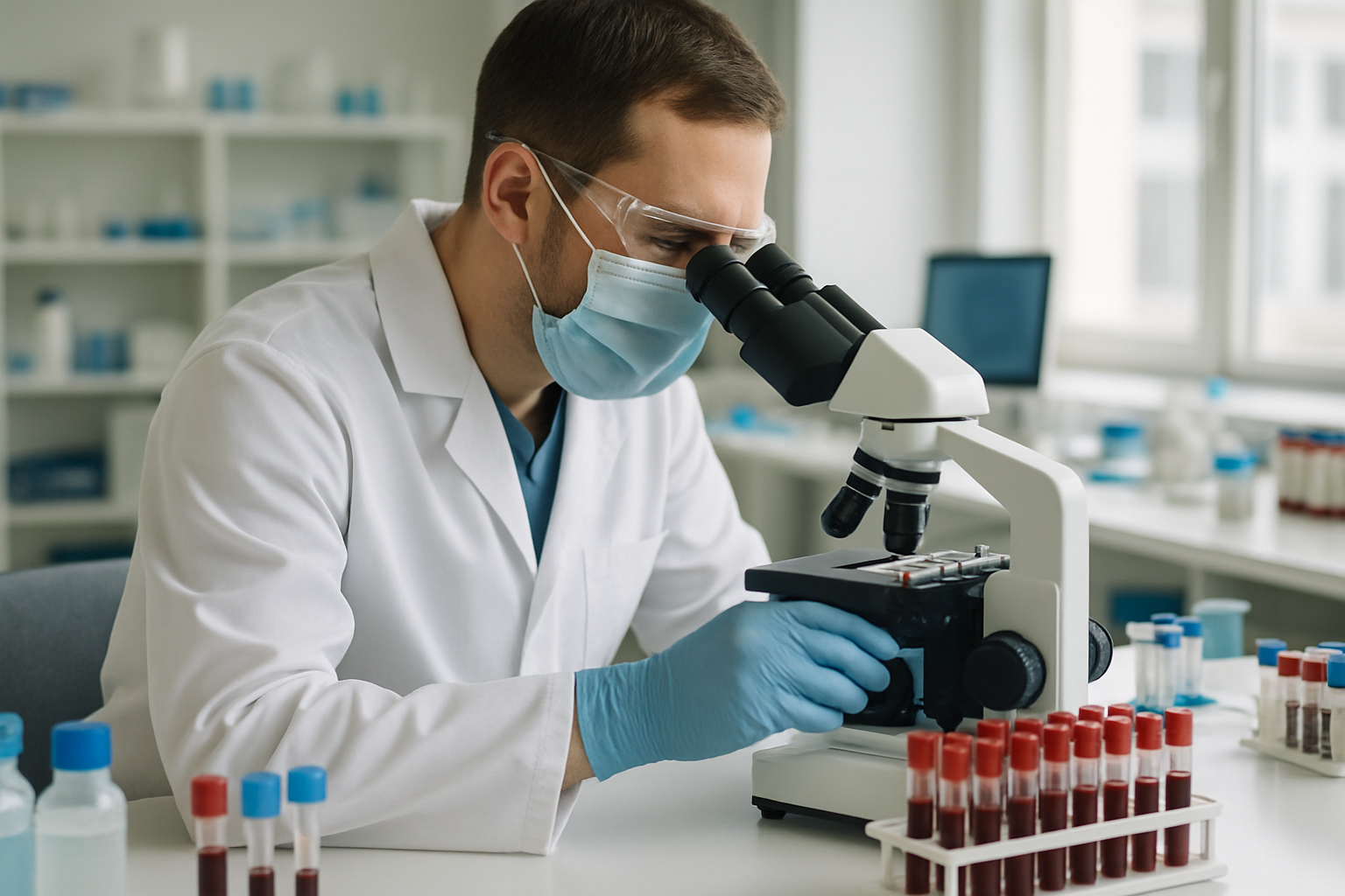 Laboratory technician examining blood samples for thalassemia diagnosis.