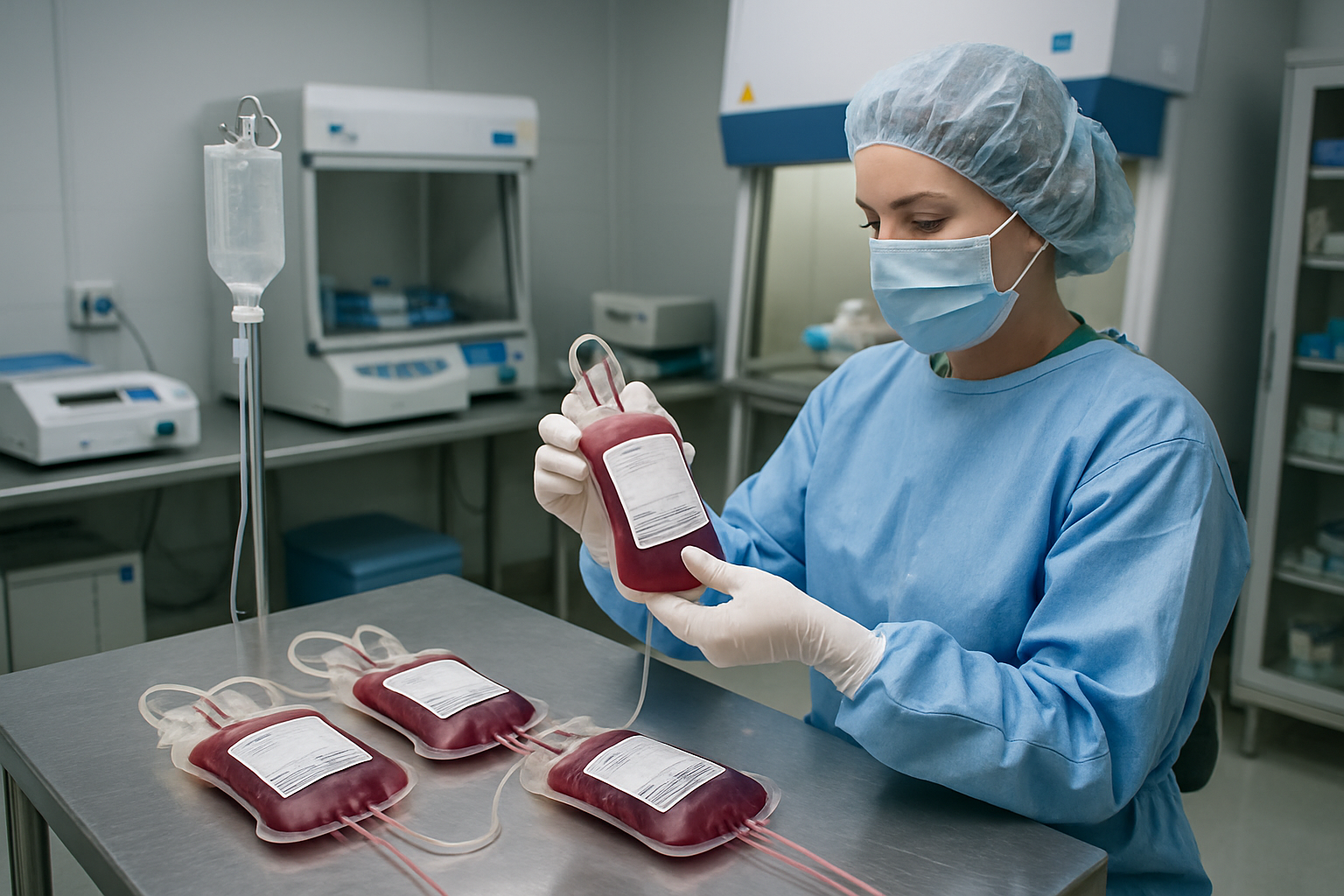 Cleanroom setup for preparing blood transfusions for thalassemia patients.