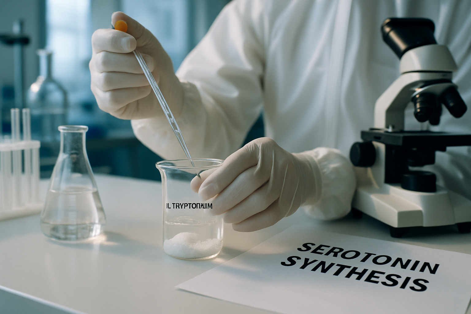 Laboratory setup for studying serotonin synthesis with L-tryptophan measurements.
