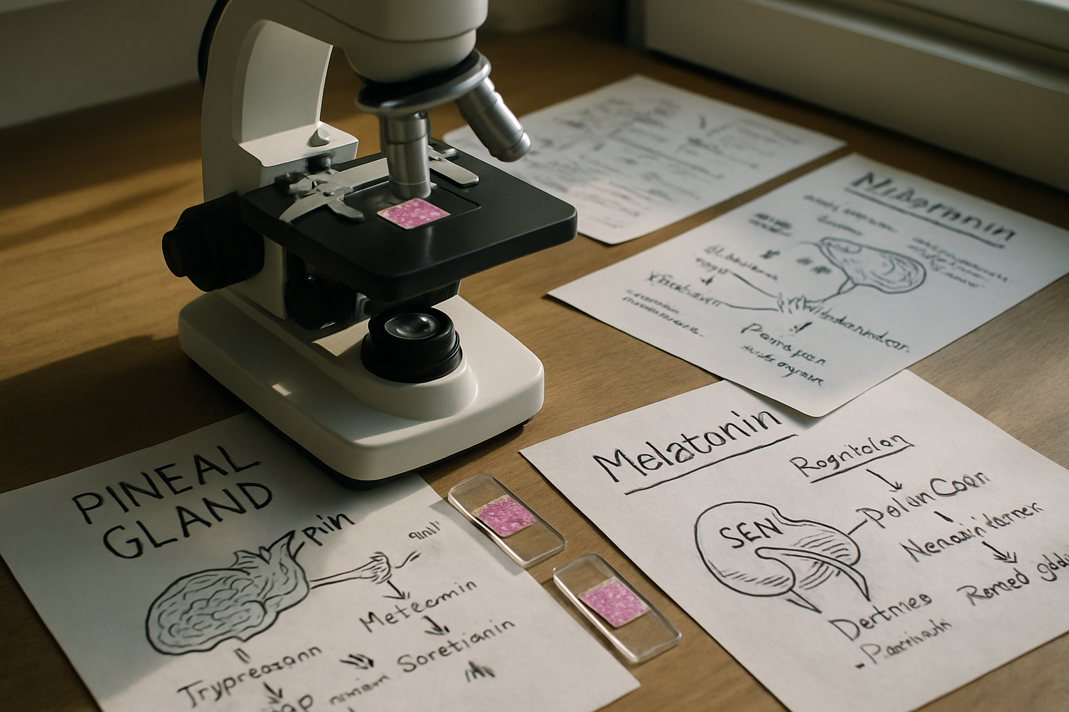 Microscope setup in a lab focusing on melatonin synthesis and regulatory mechanisms.