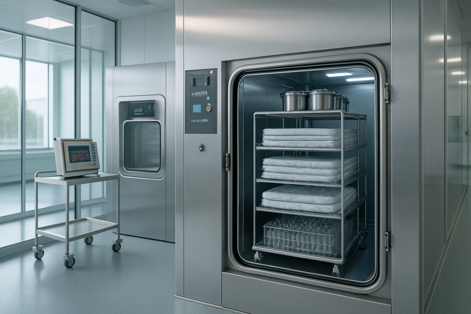 Sterilization validation loads arranged in a cleanroom sterilizer, showcasing proper configurations.