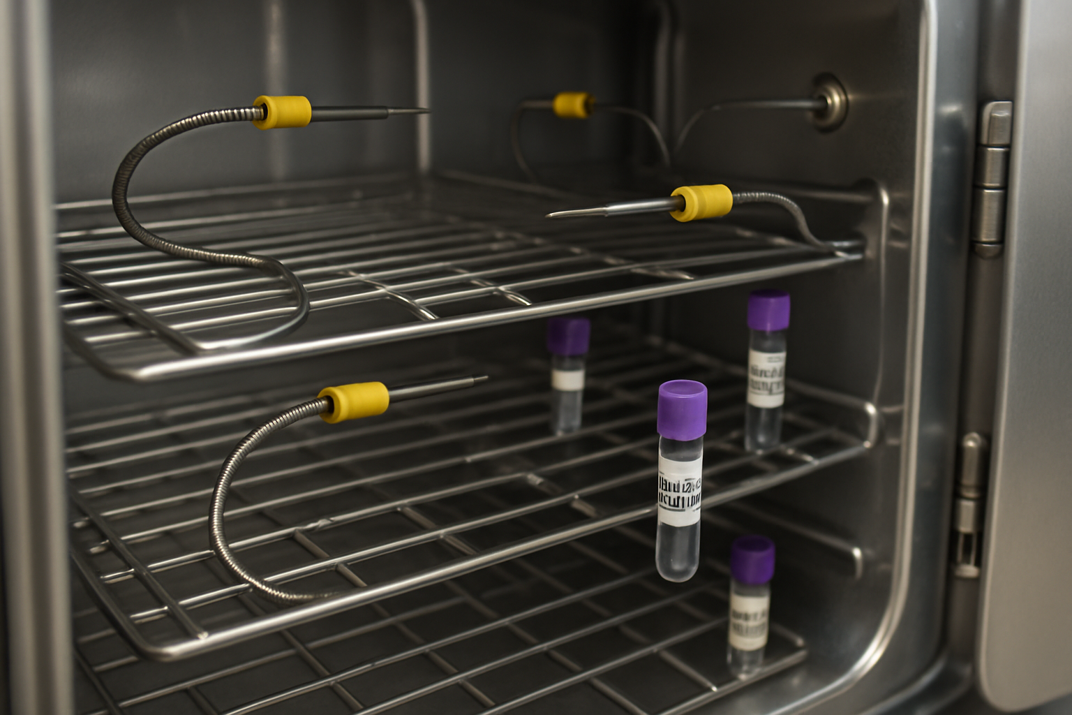 Close-up of temperature sensors and biological indicators inside a sterilization chamber, highlighting their placement.