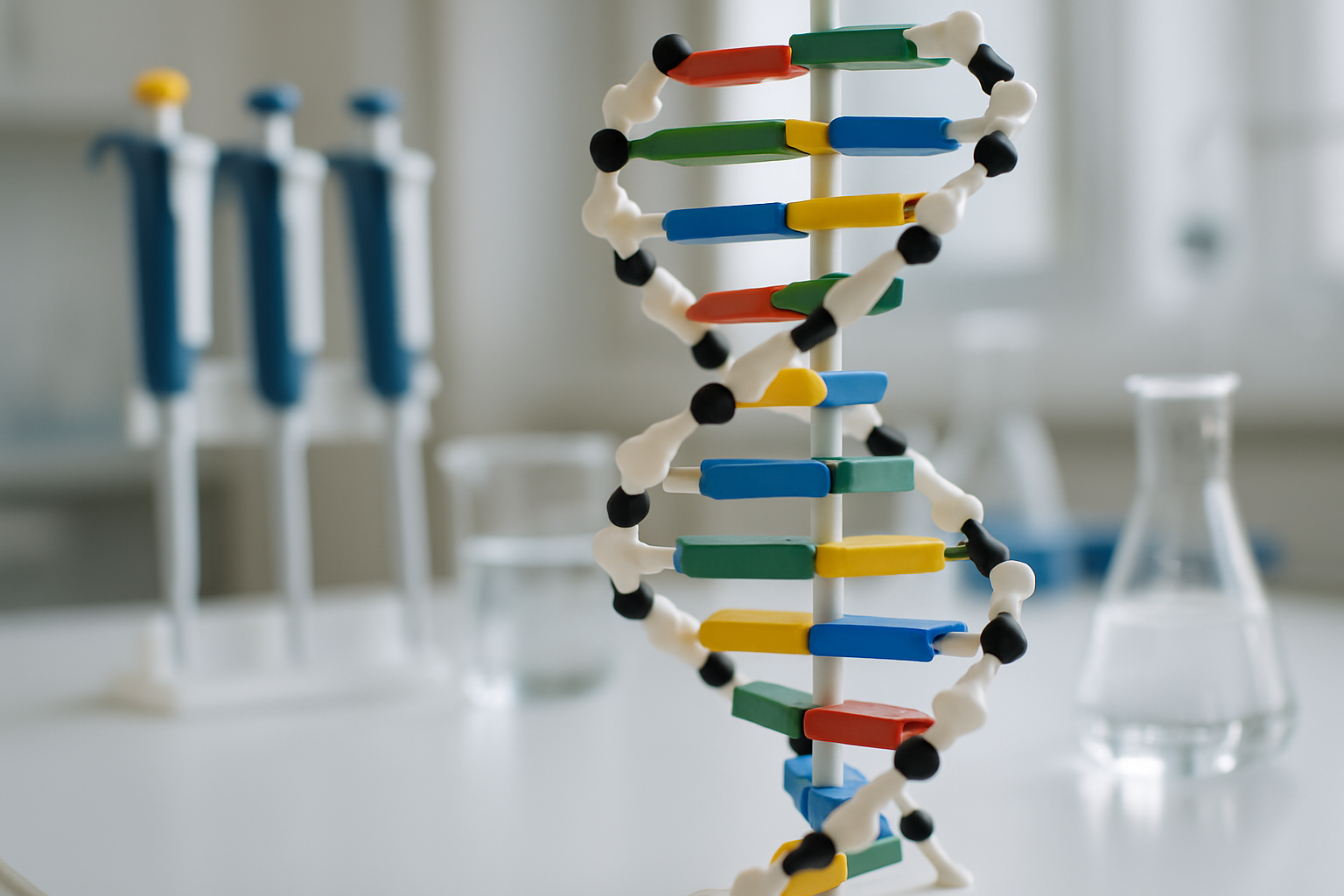 Model of DNA double helix structure on a lab bench with scientific equipment.