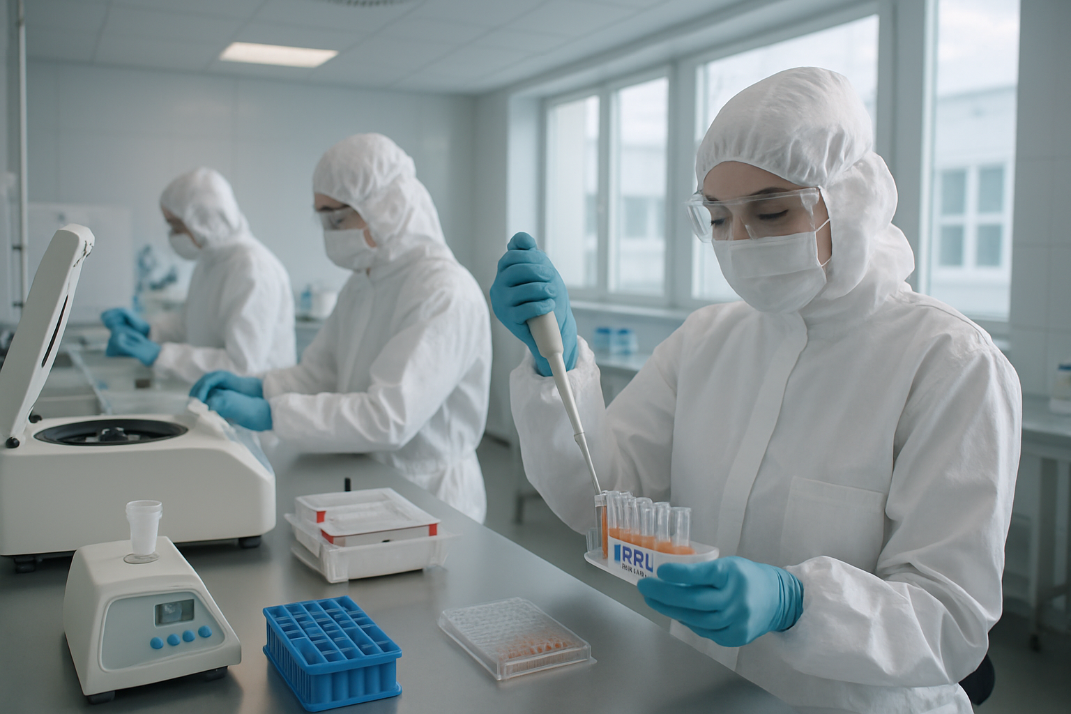 Cleanroom laboratory with scientists working on RNA samples and advanced equipment.