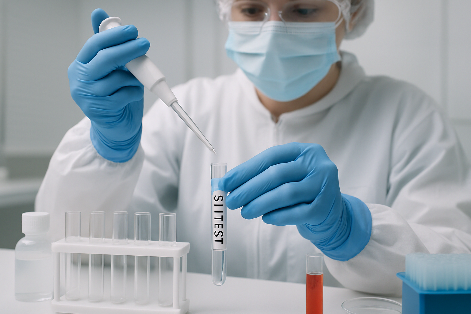 Technician preparing samples for STI testing in a sterile laboratory environment.
