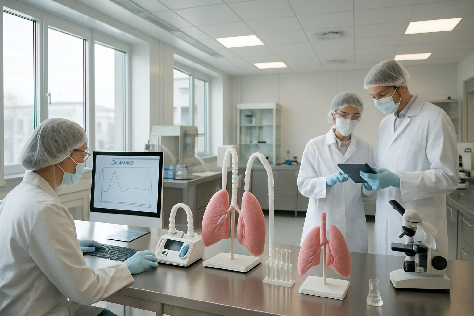 Cleanroom laboratory focused on respiratory system research with spirometers and lung models.