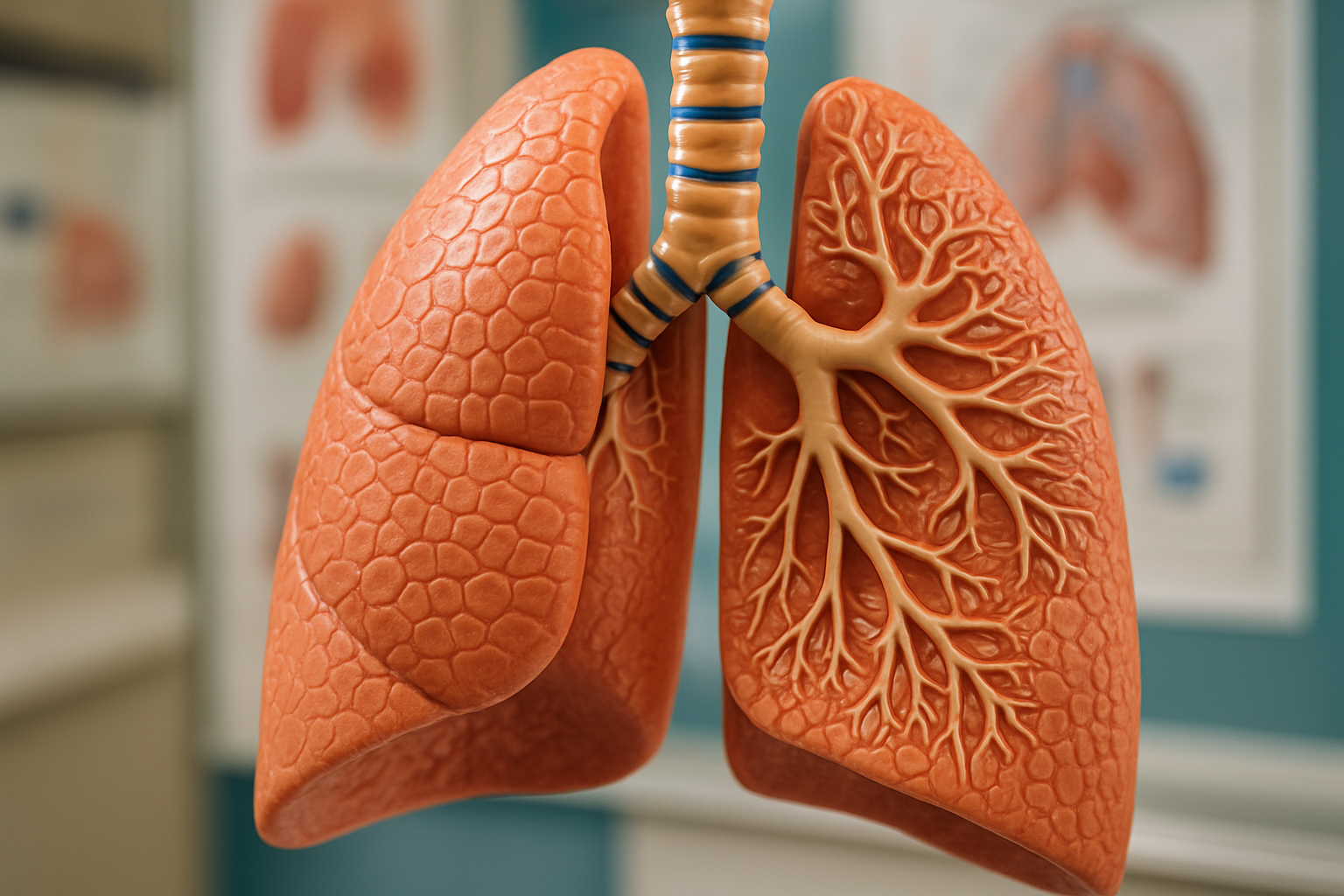 Close-up of a human lung model highlighting alveoli and bronchi in a medical education setting.