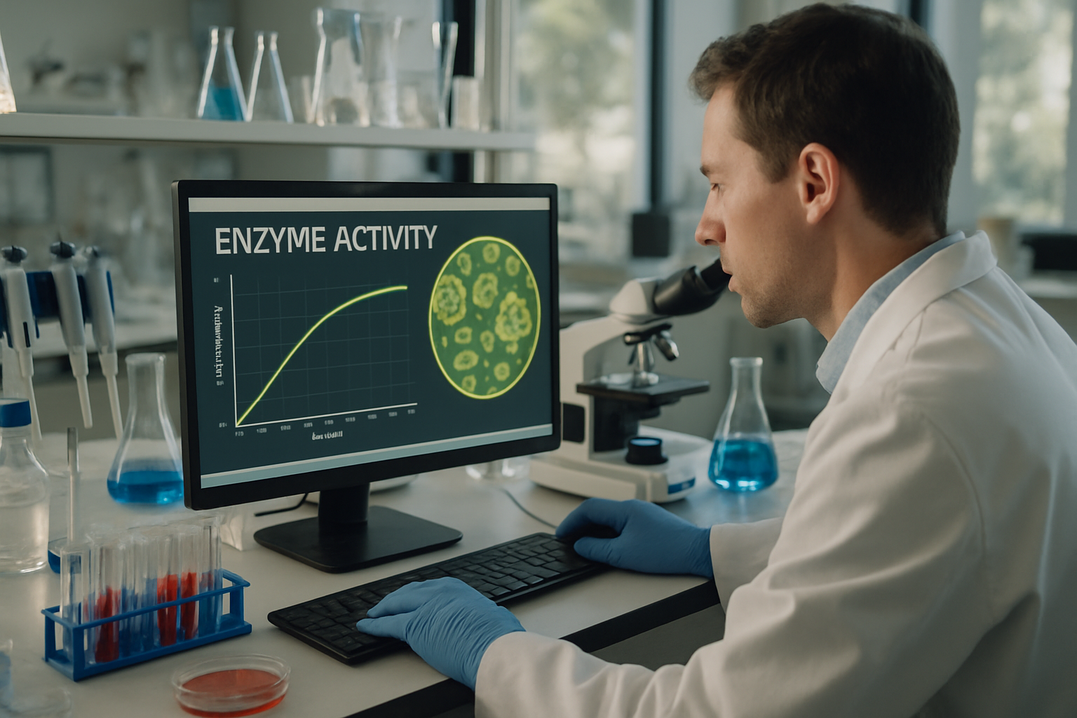 Scientist analyzing enzyme activity in a microbiology lab with lab equipment.