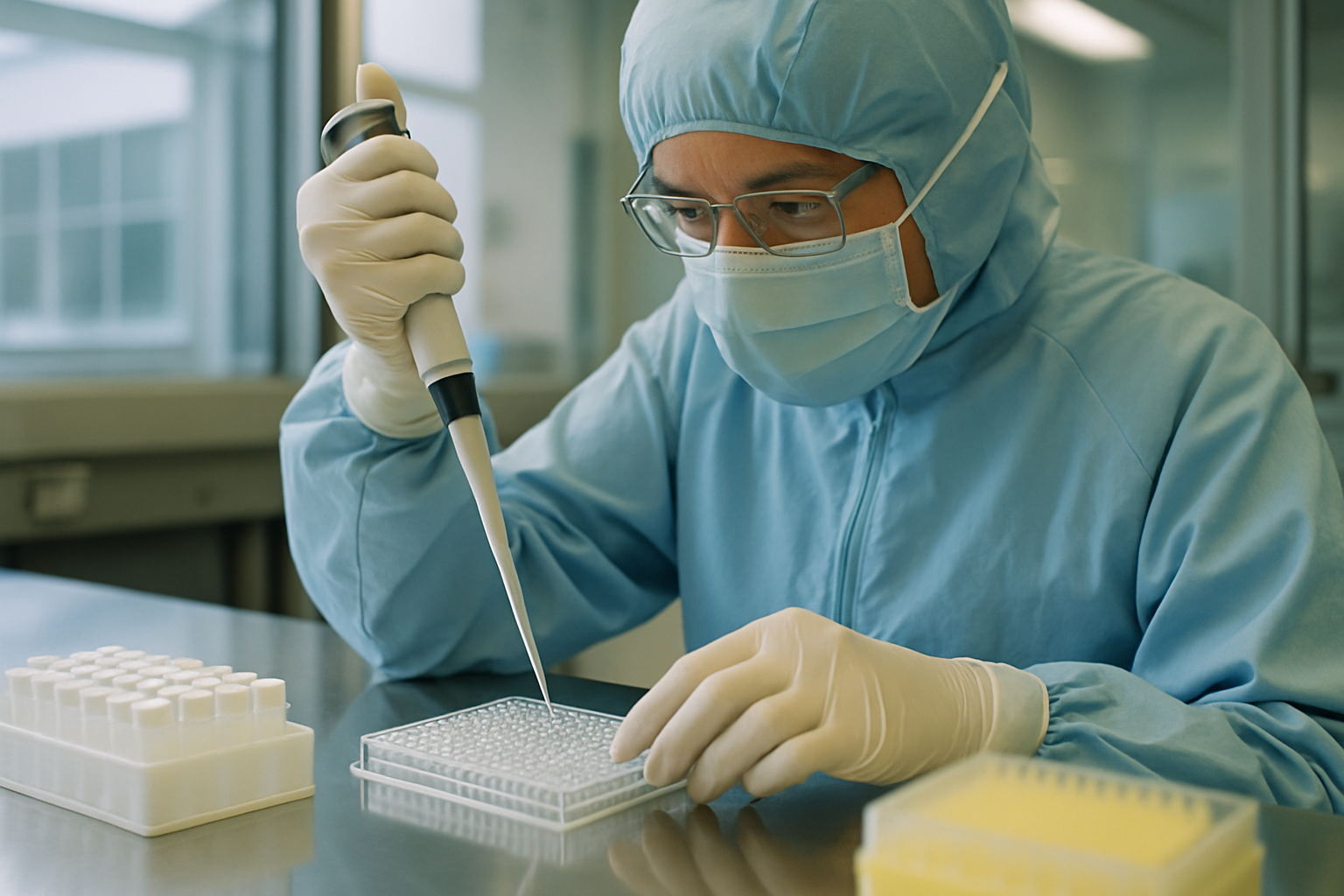 Lab technician preparing enzyme assay samples in a cleanroom facility.