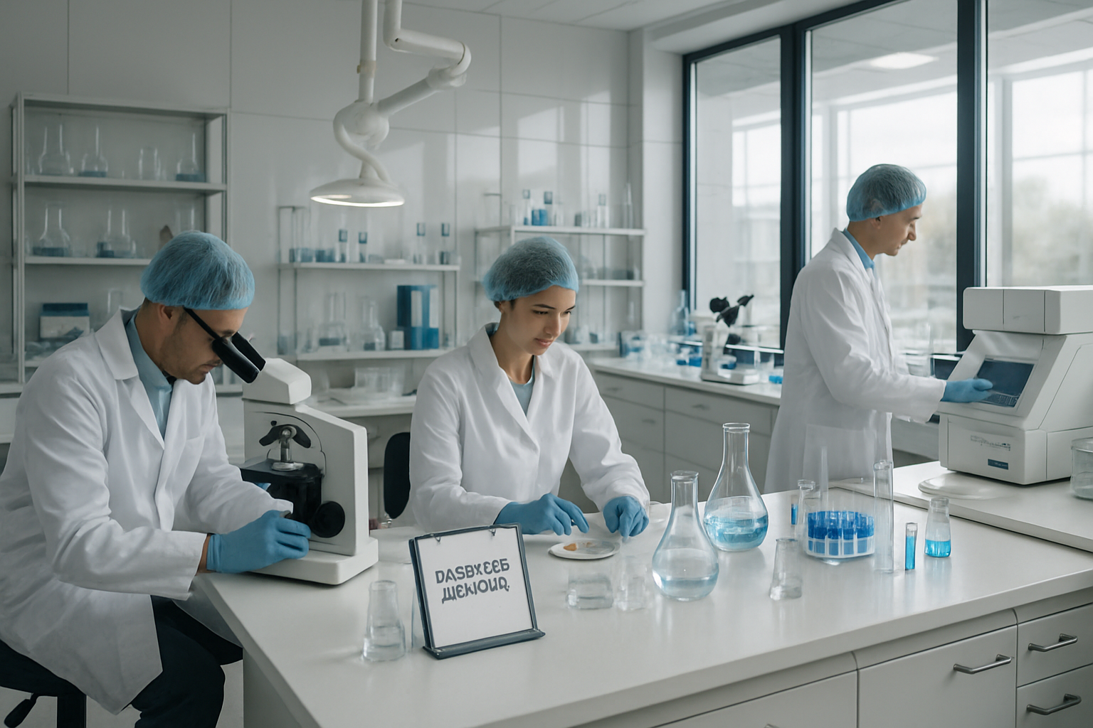 Researchers in a cleanroom analyzing samples related to psychiatric disorders.