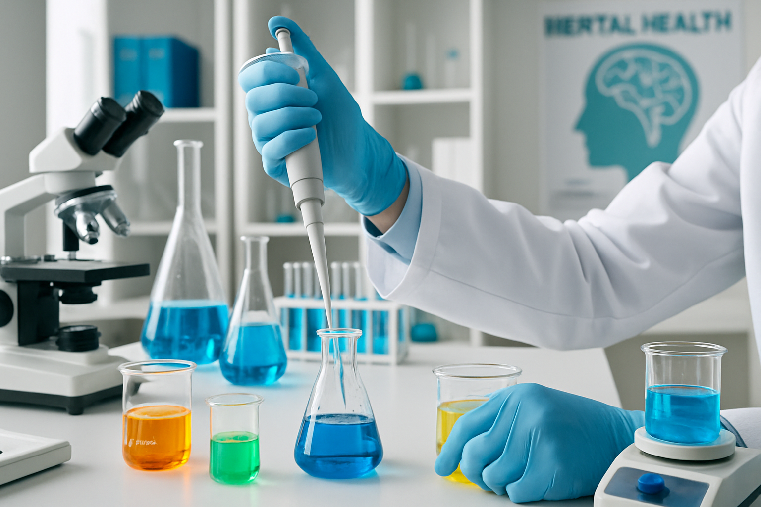 Laboratory technician preparing solutions for psychiatric disorder research.