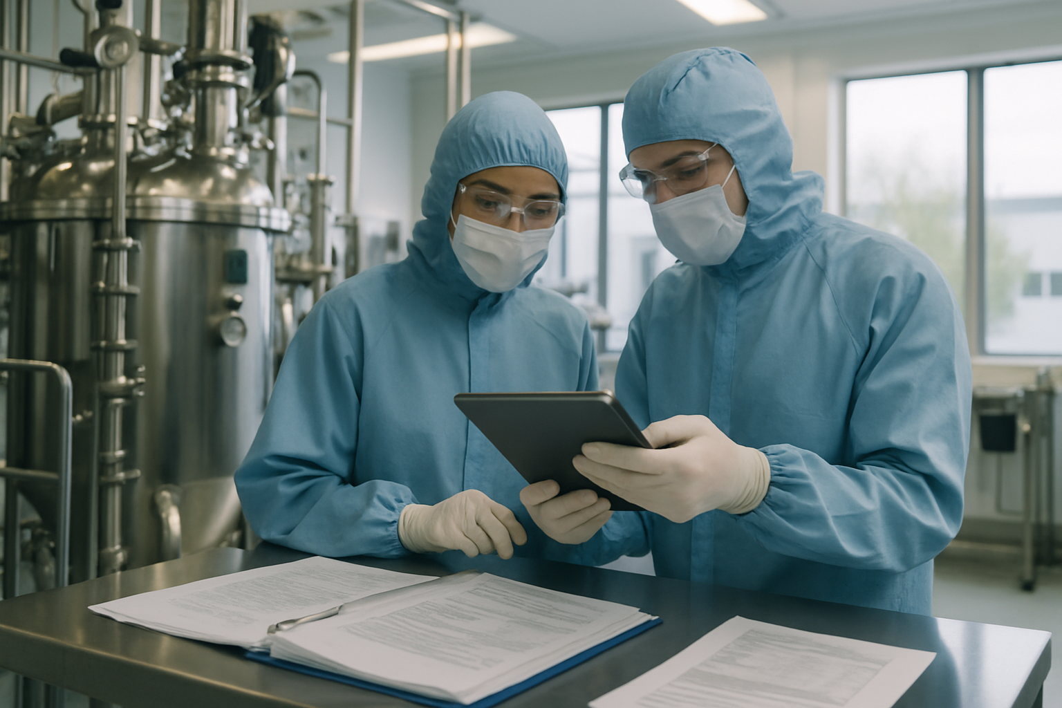 Technicians reviewing process specifications in a pharmaceutical lab.