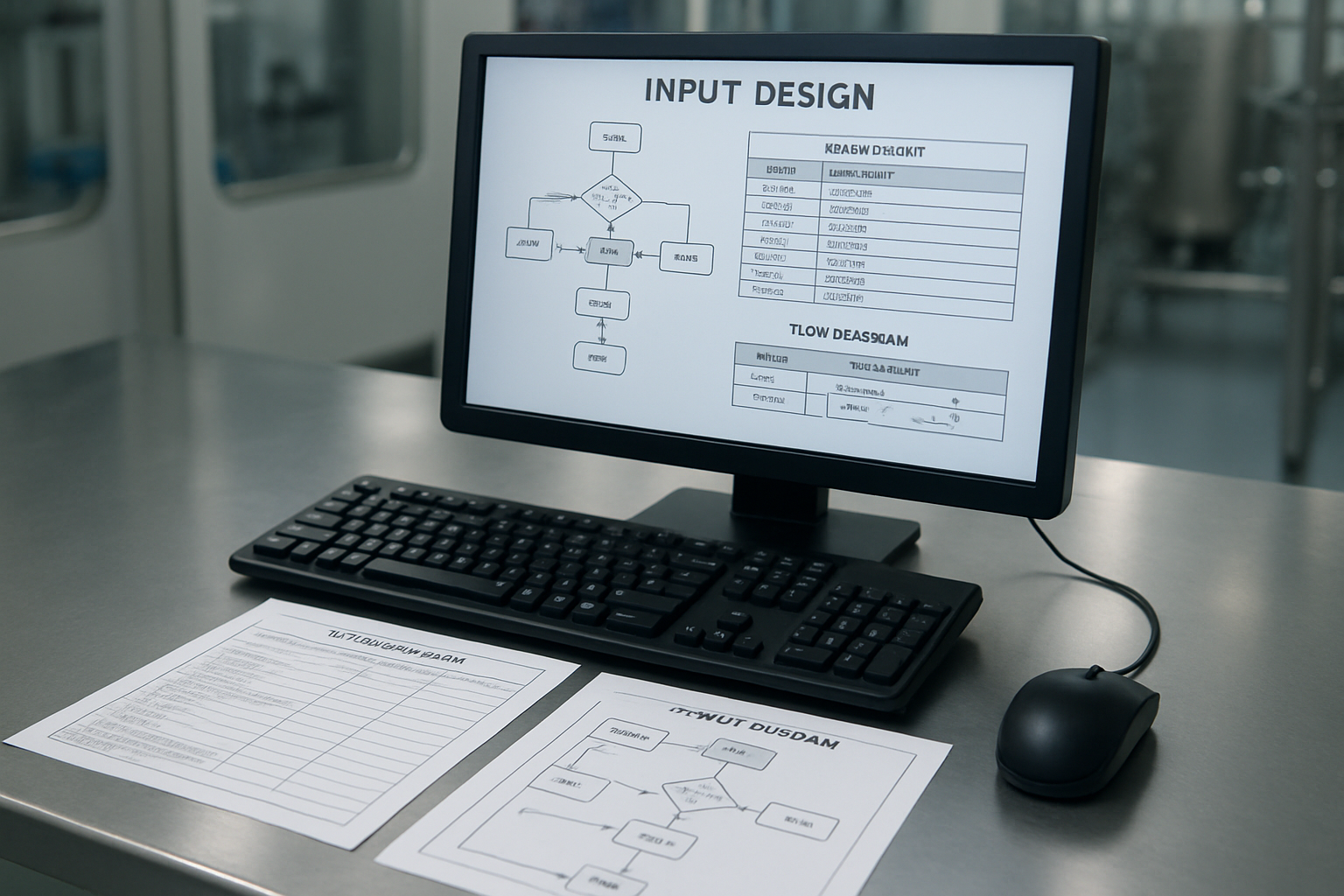 Input design workstation with organized forms and flow diagrams in a pharmaceutical facility.