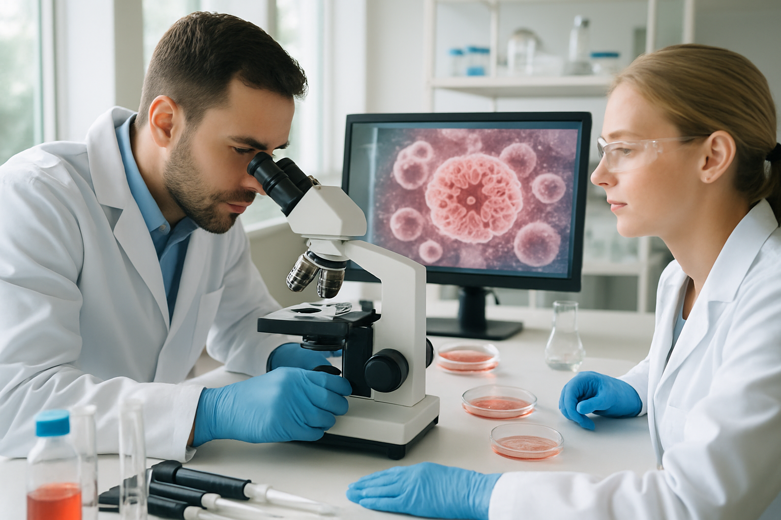 Scientists examining cancer cells in a laboratory setting with microscopes and lab equipment.