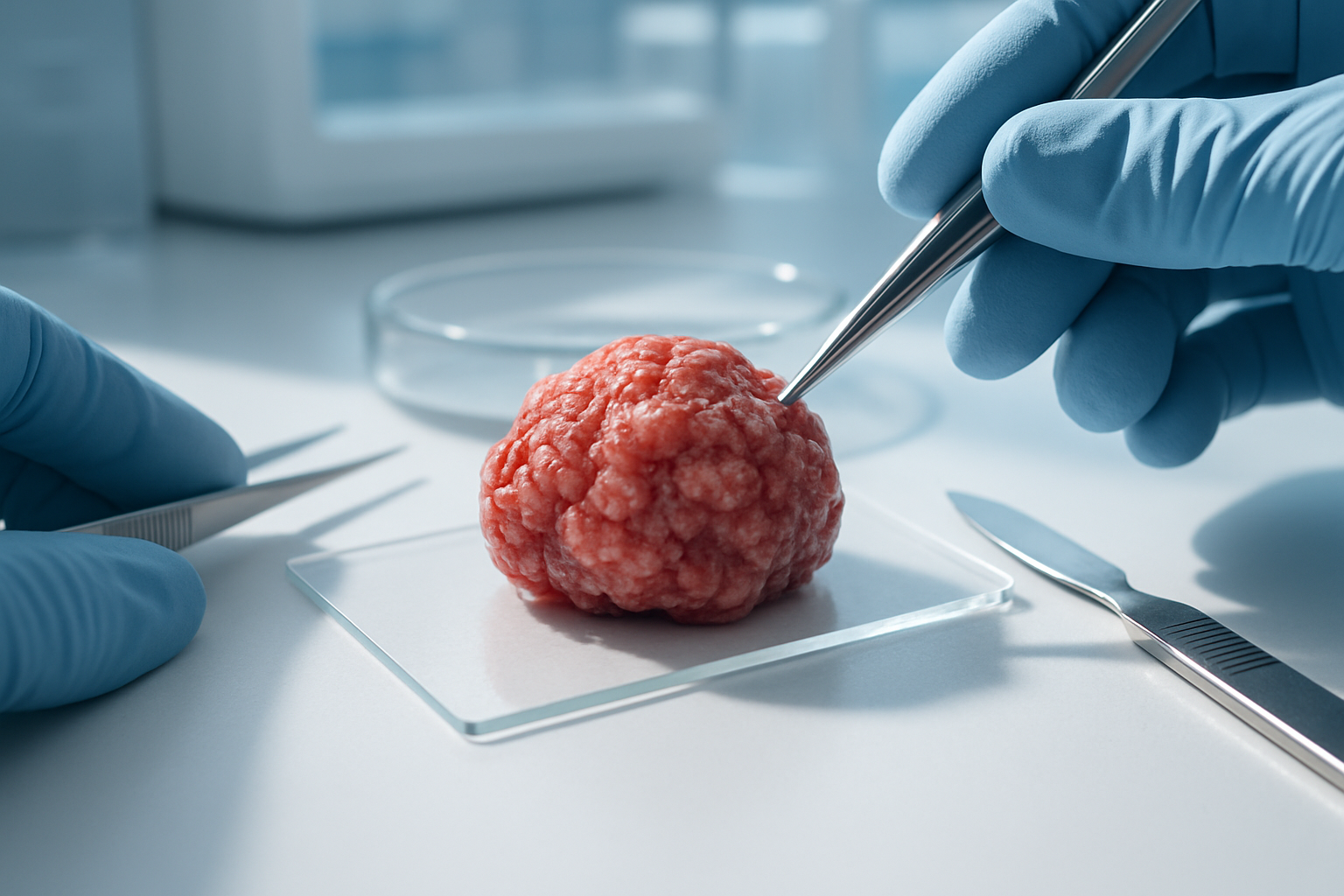 Close-up of a cancerous tumor sample being prepared for analysis in a cleanroom.
