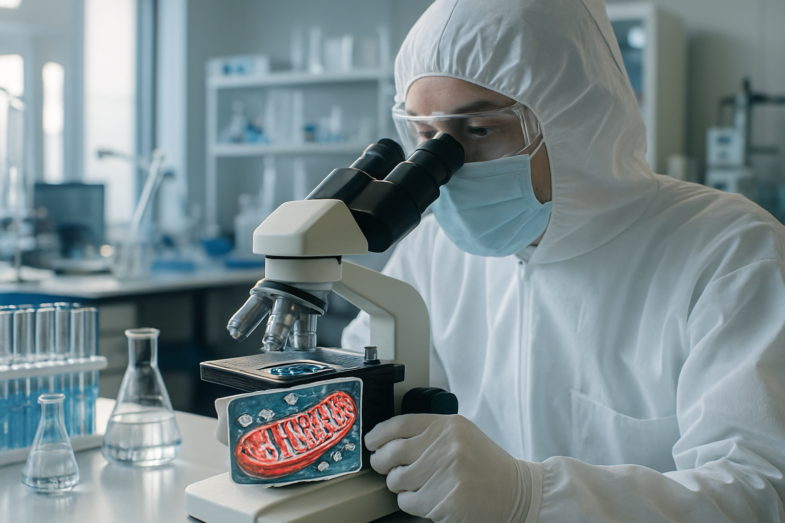 Scientist examining mitochondrial samples in a cleanroom, highlighting oxidative phosphorylation.