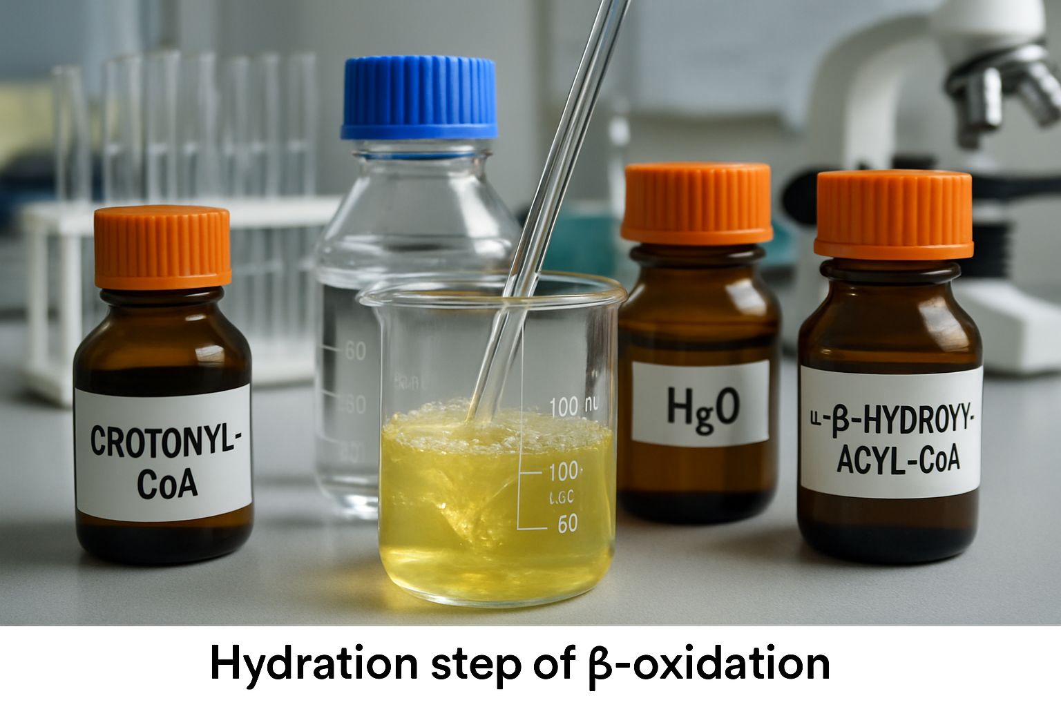Hydration step in β-oxidation with biochemical reagents on a lab bench.