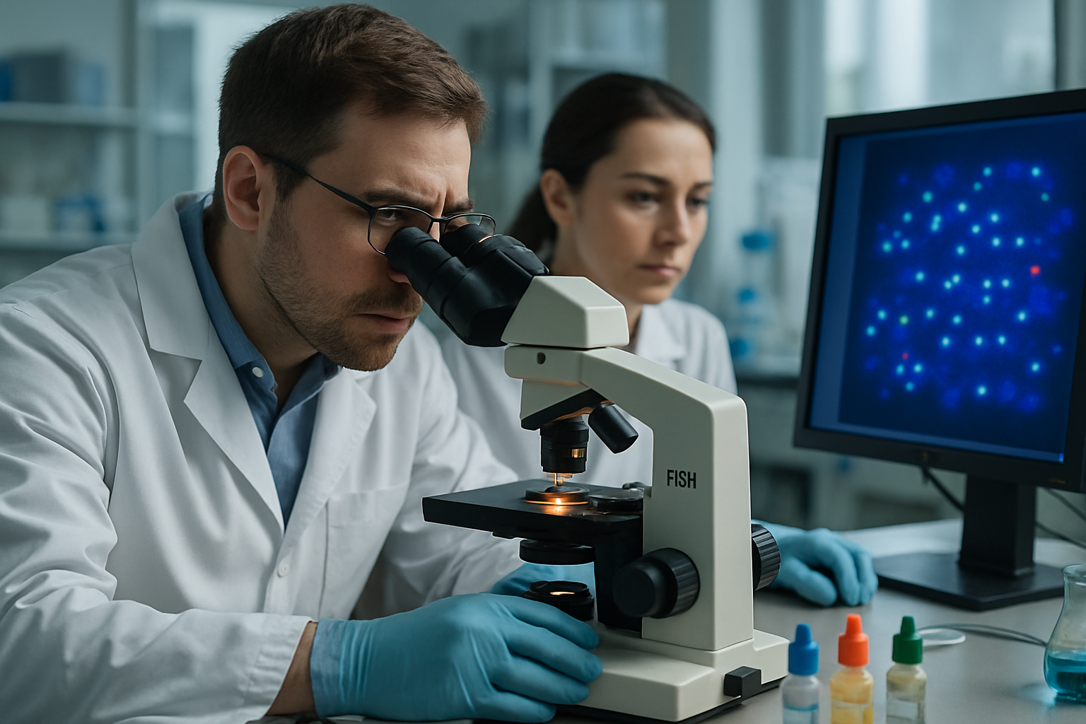 Researchers using FISH techniques to visualize DNA sequences in a laboratory setting.
