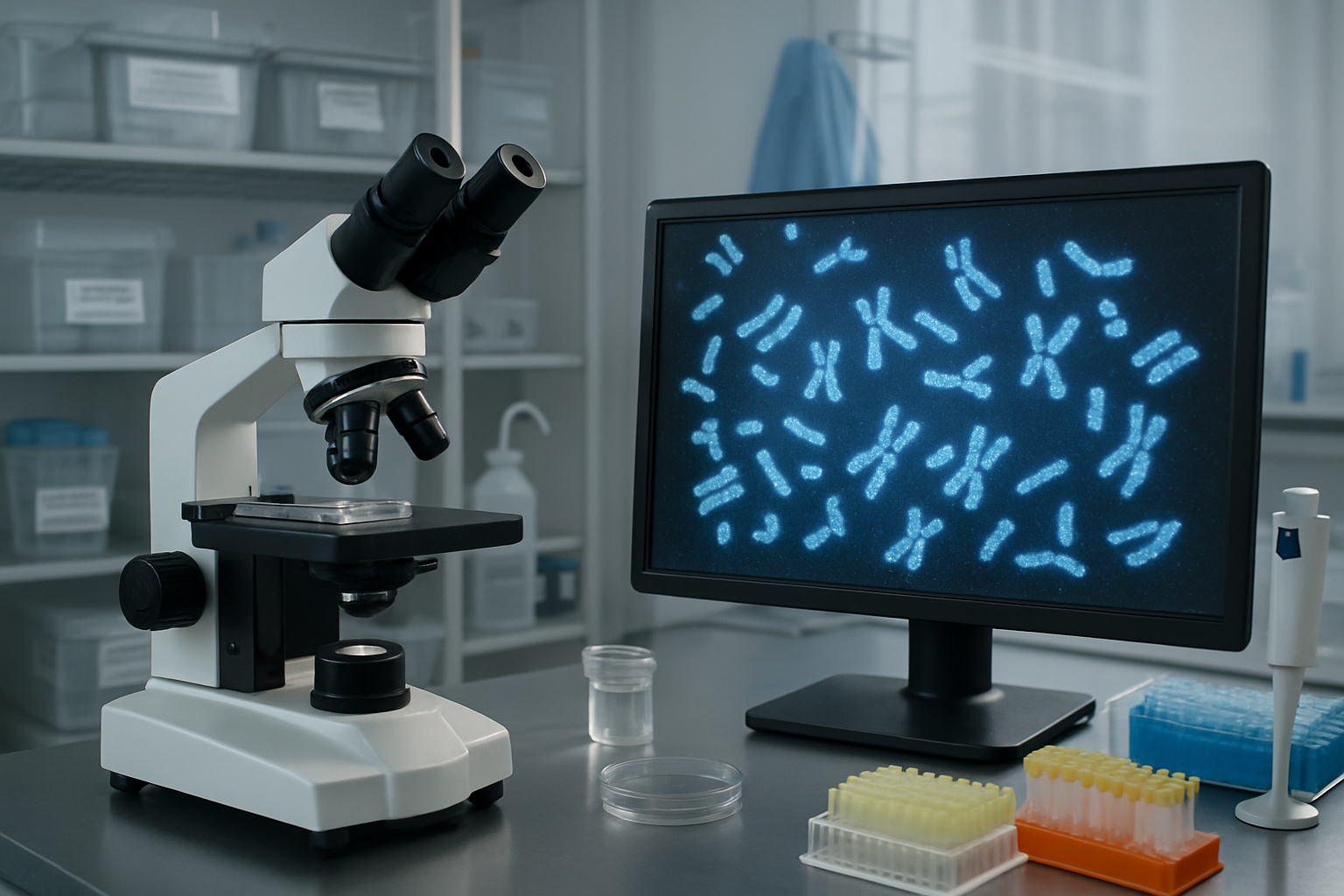 Advanced microscopy equipment in a cleanroom for studying chromosomal structures.