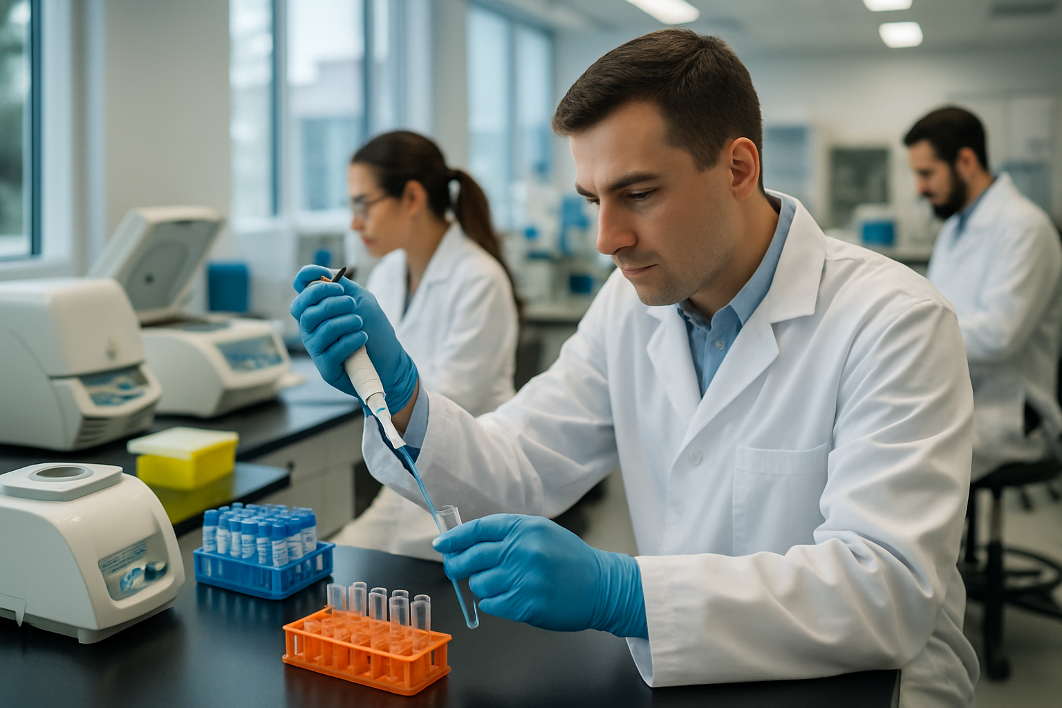 Scientists conducting DNA research in a cleanroom laboratory.