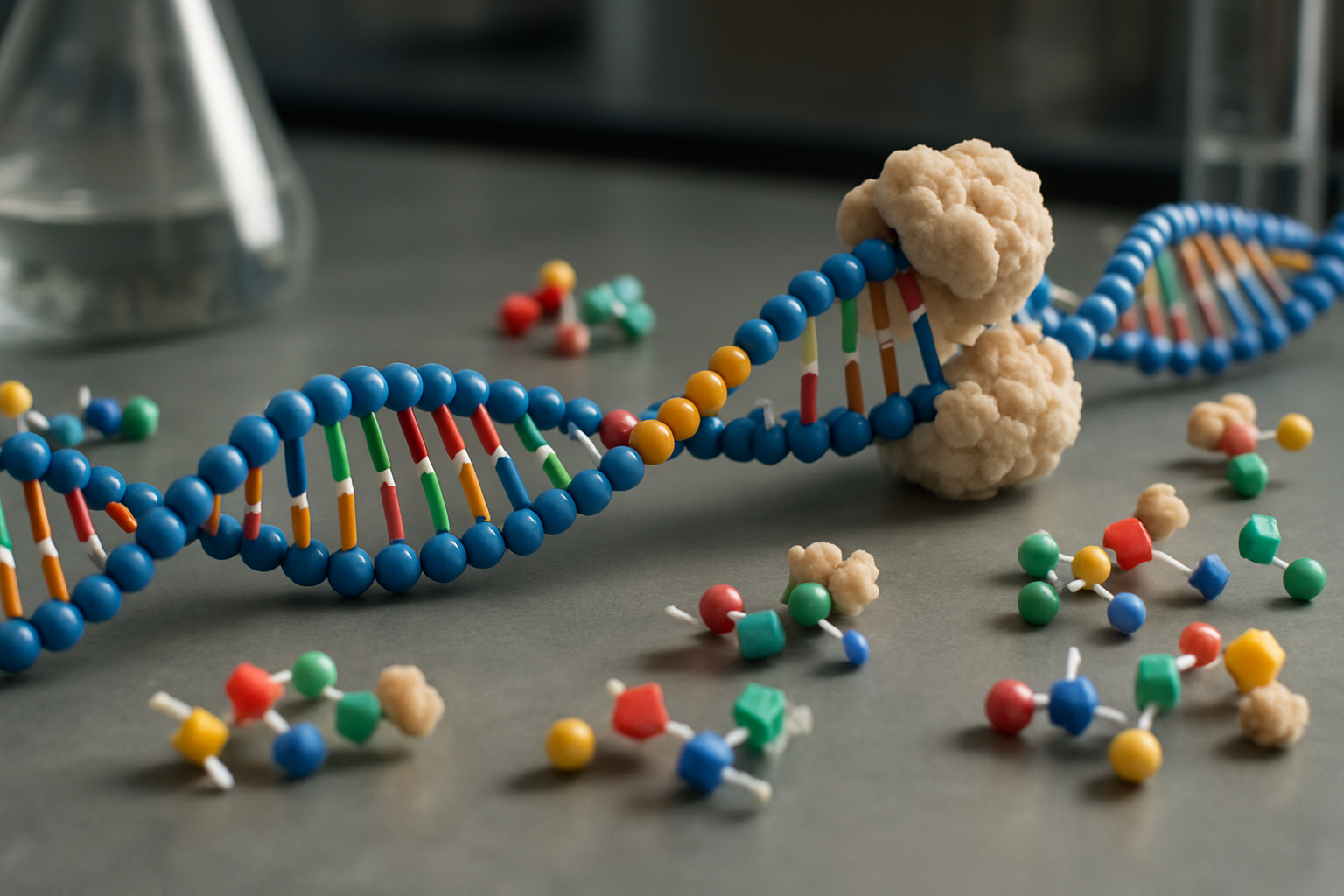Close-up of DNA replication process with molecular models and enzymes.