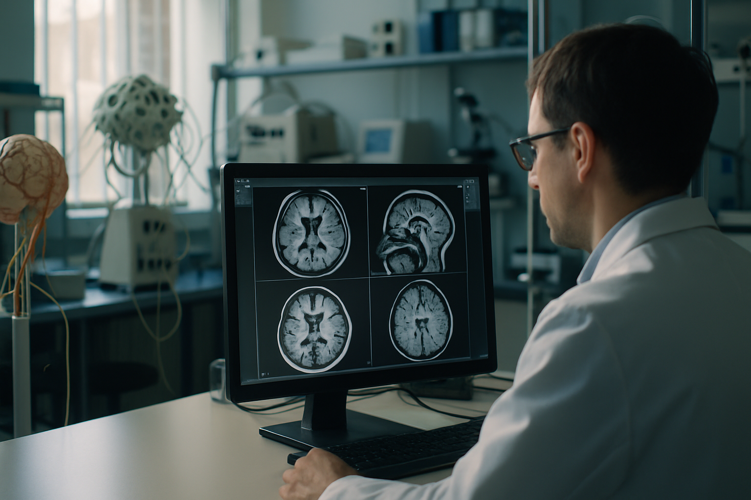 Researcher analyzing brain scans in a neuroscience lab, highlighting nervous system studies.