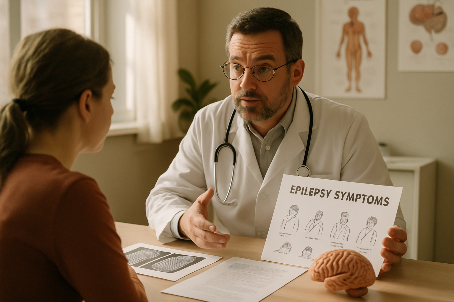 Neurologist consulting with a patient about epilepsy symptoms in a clinical environment.