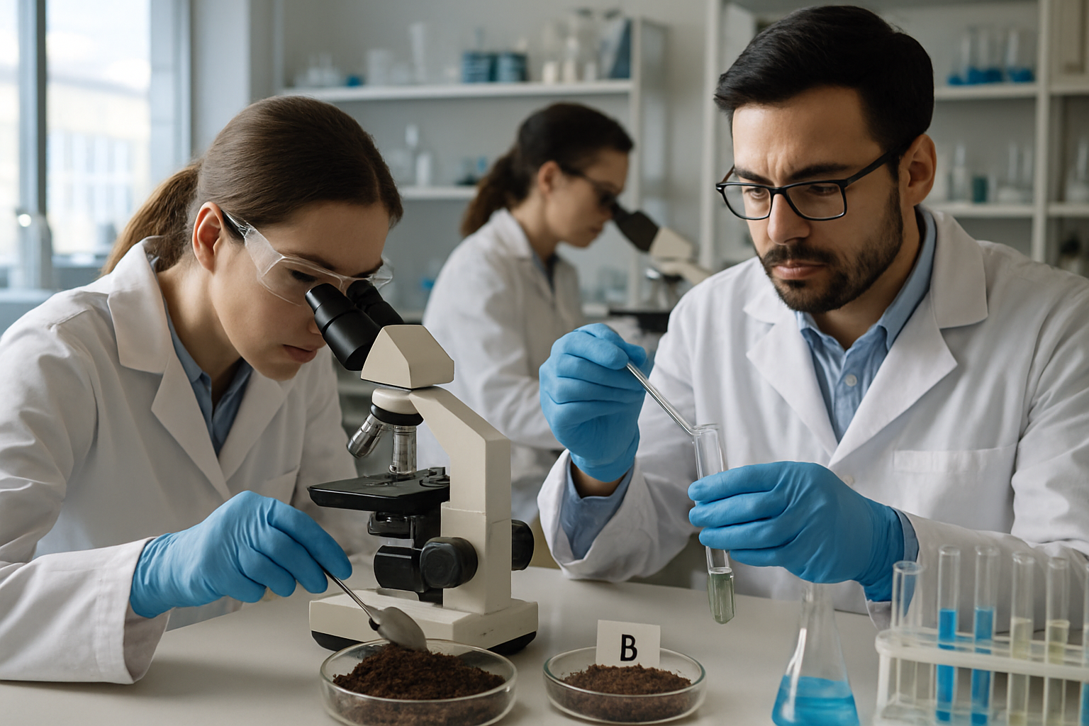 Scientists analyzing soil samples for contaminants in a laboratory.