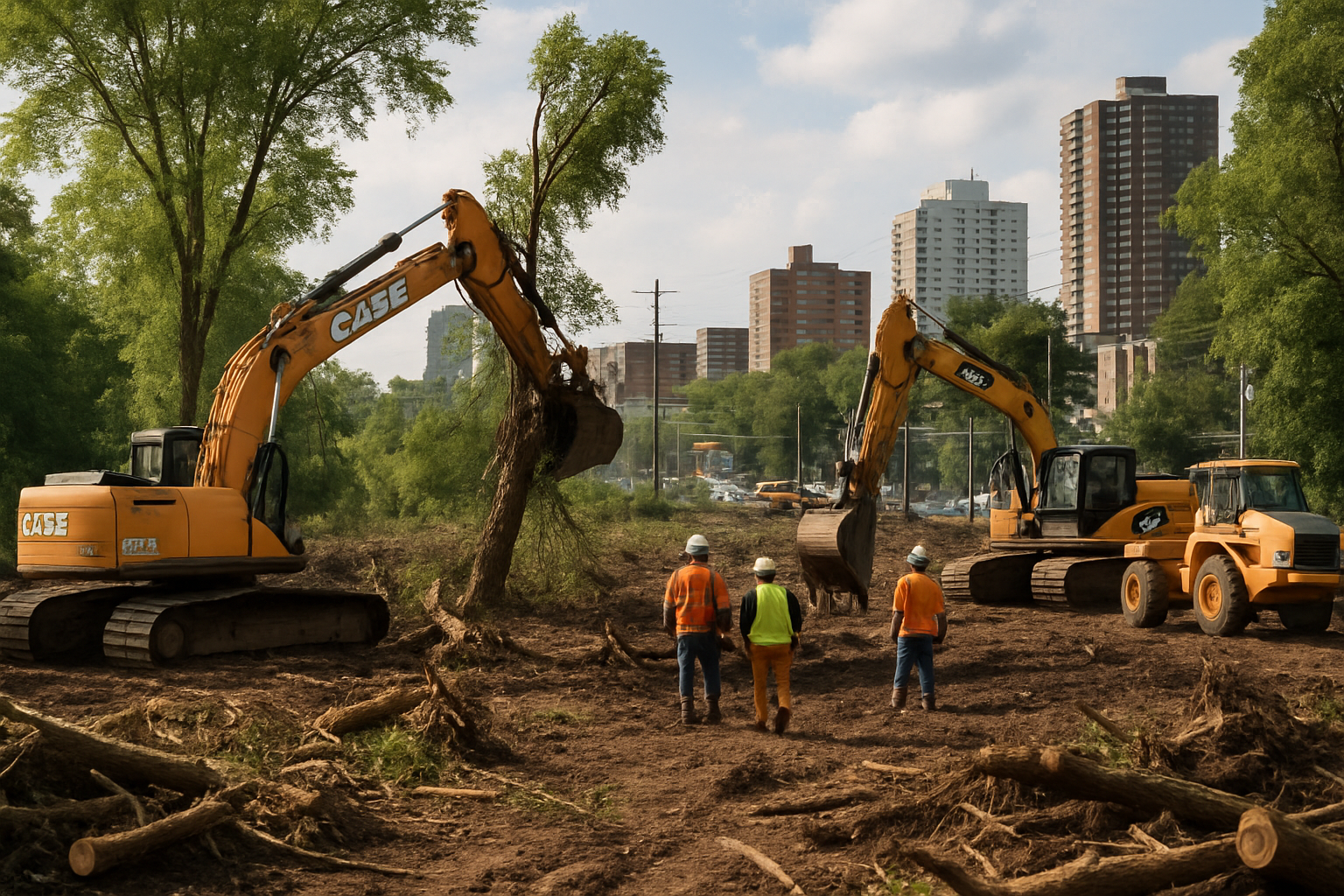Urban development showing land clearing for construction and its impact on natural resources.