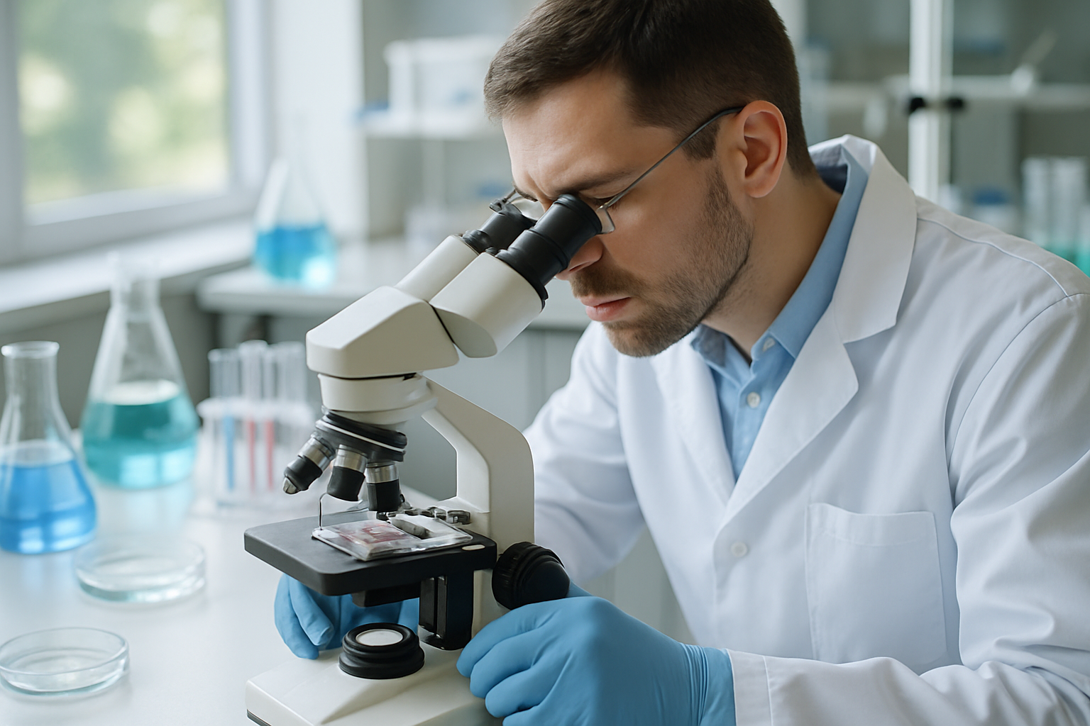Researcher analyzing cellular samples under a microscope in a lab.