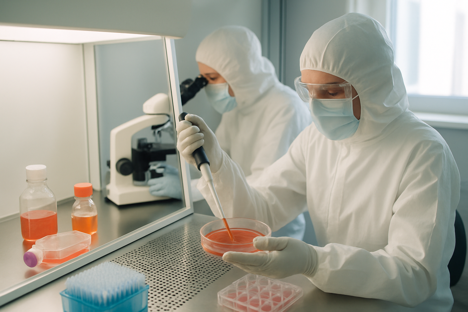 Scientists working with cell cultures in a cleanroom laboratory.