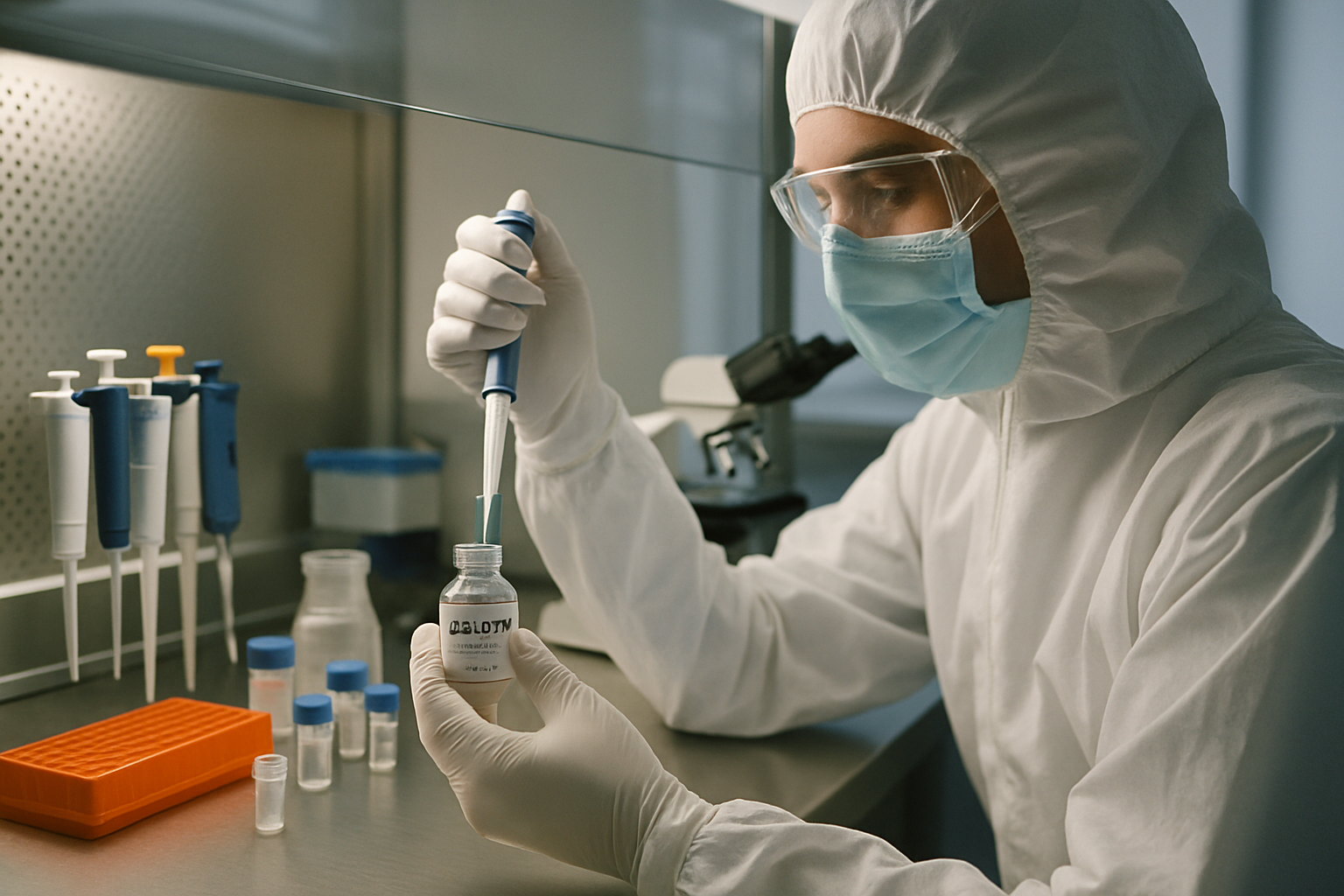 Researcher handling PTD-DBM peptides in a cleanroom lab environment.