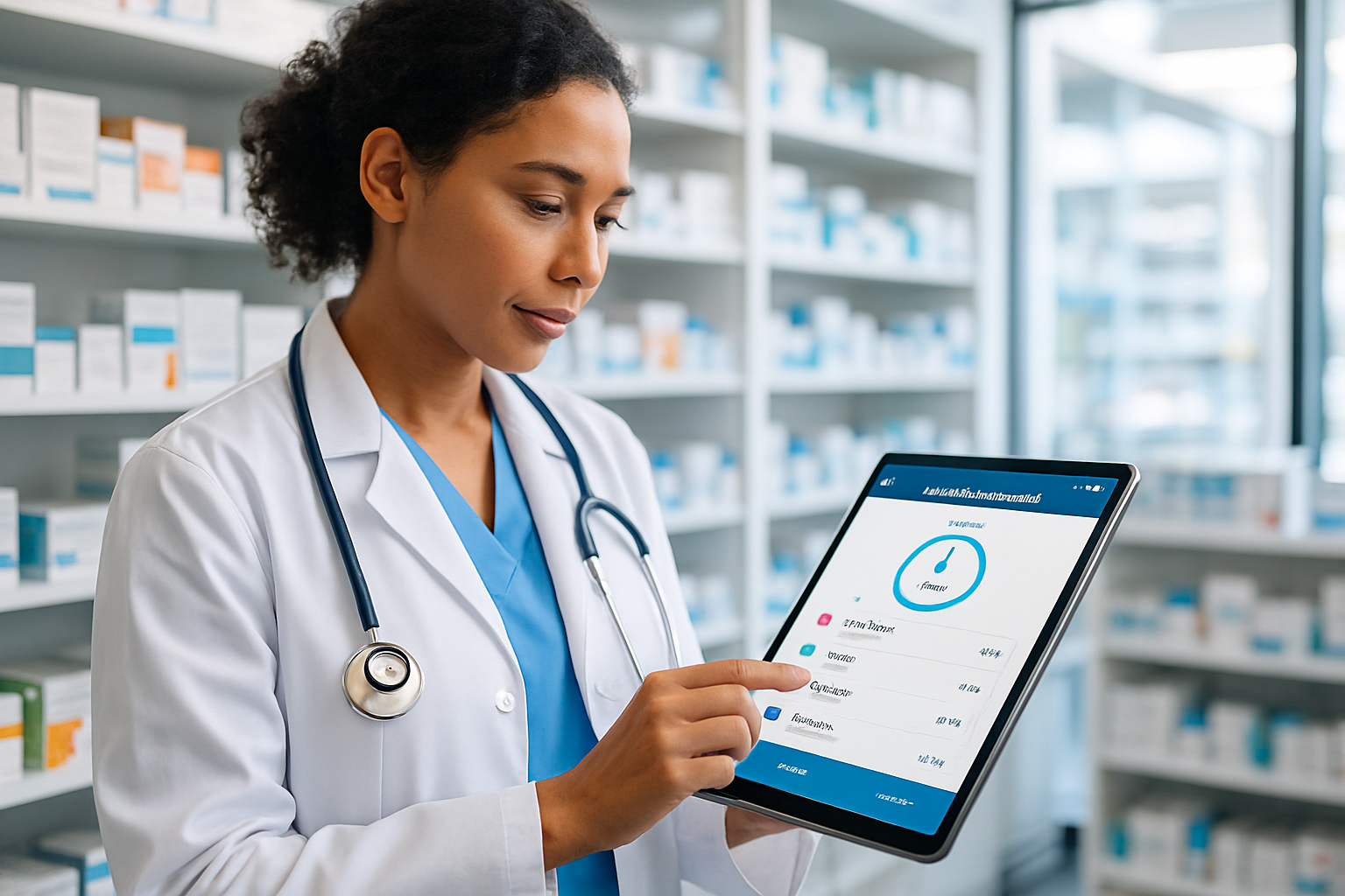 Healthcare professional using a tablet for medication tracking in a pharmacy.