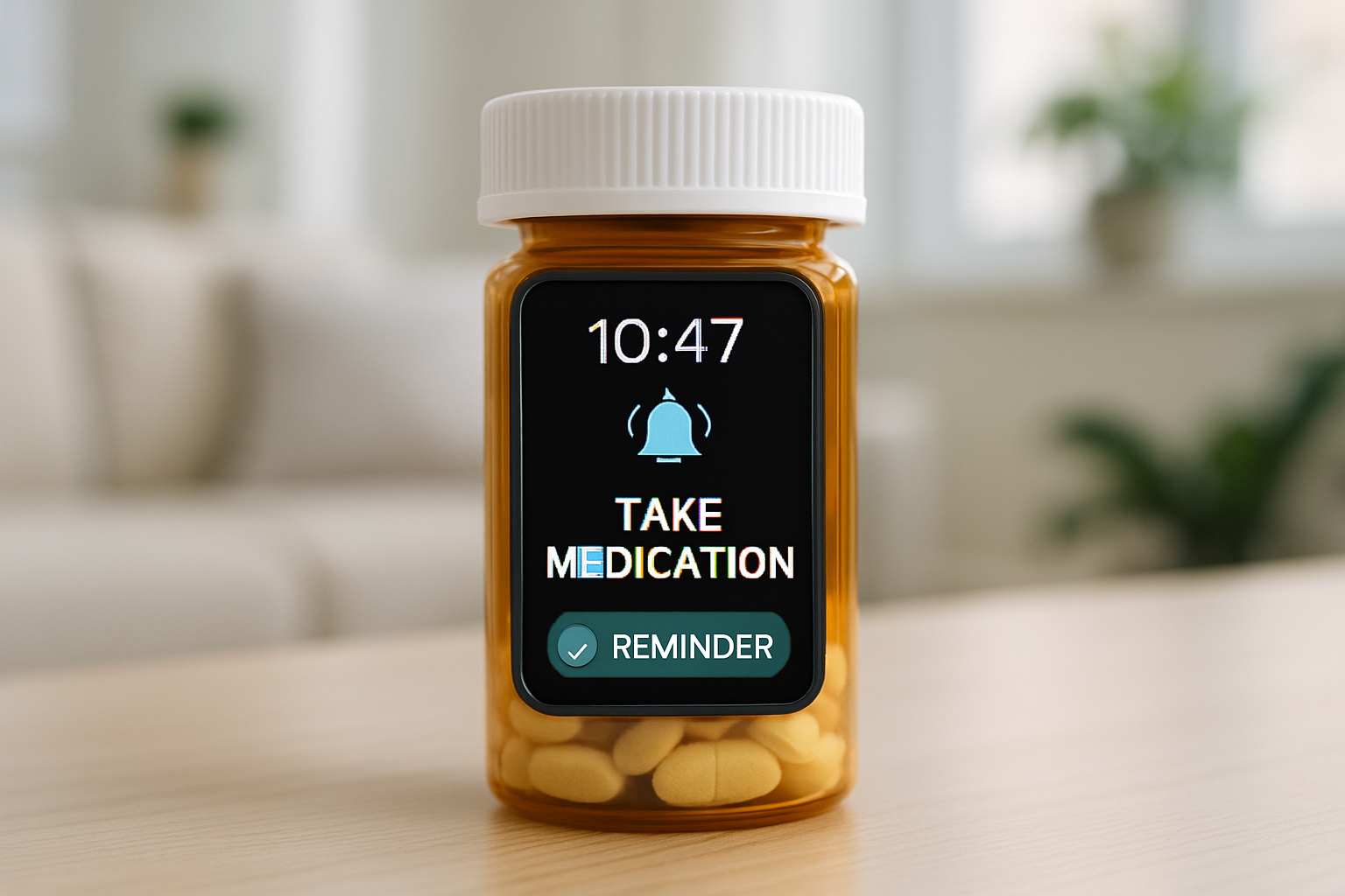 Smart pill bottle displaying medication reminders for adherence.