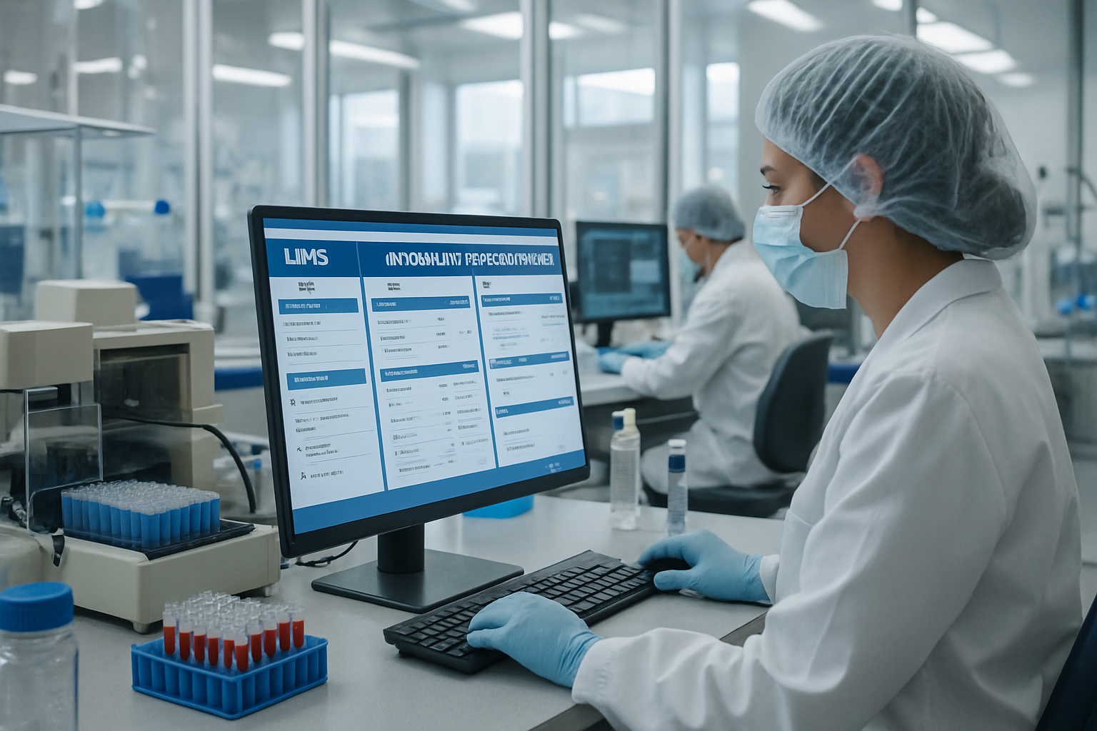 Laboratory technicians using a Laboratory Information Management System in a pharmaceutical lab.