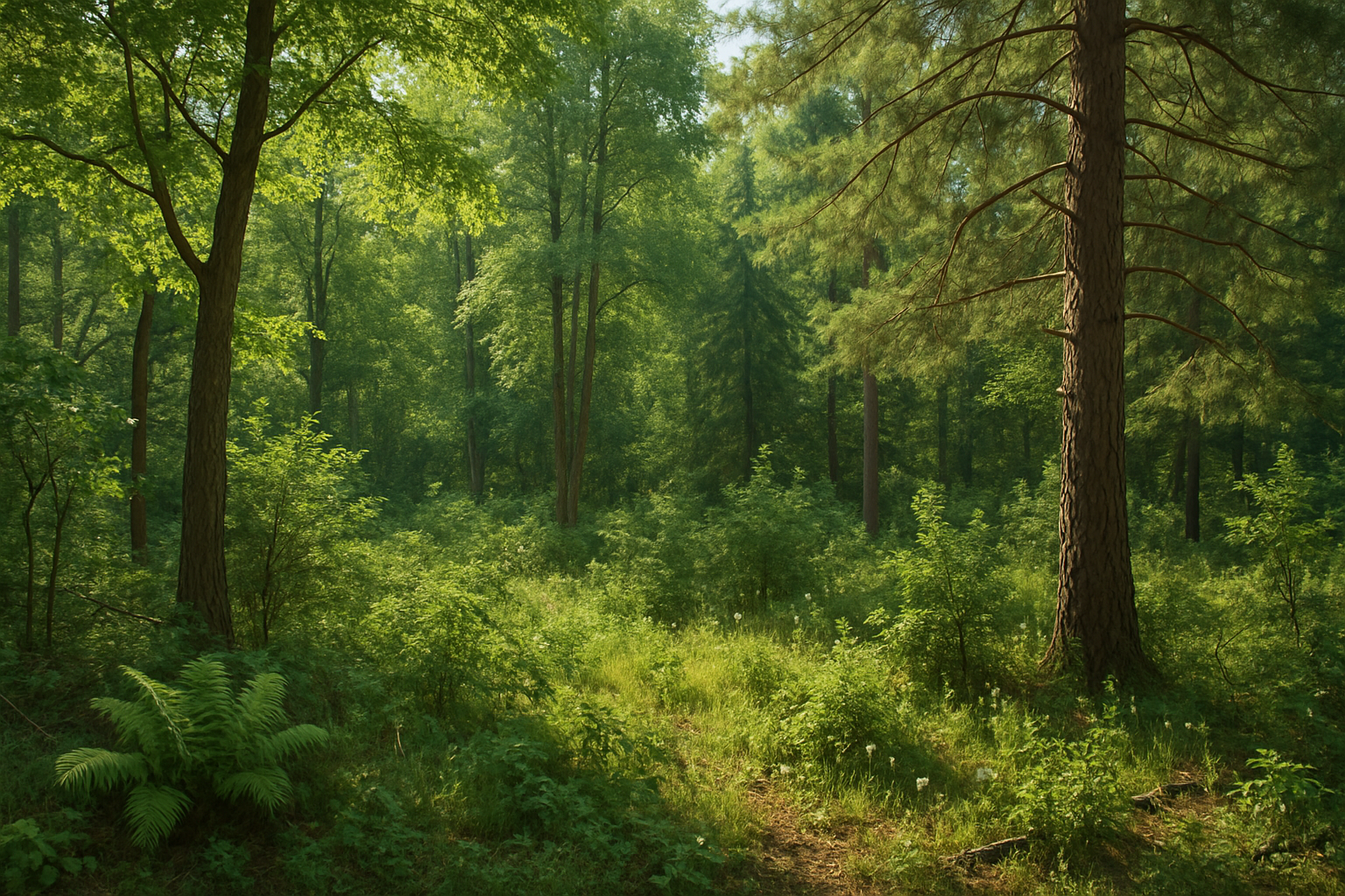 Diverse forest ecosystem with sunlight filtering through trees, showcasing biodiversity.