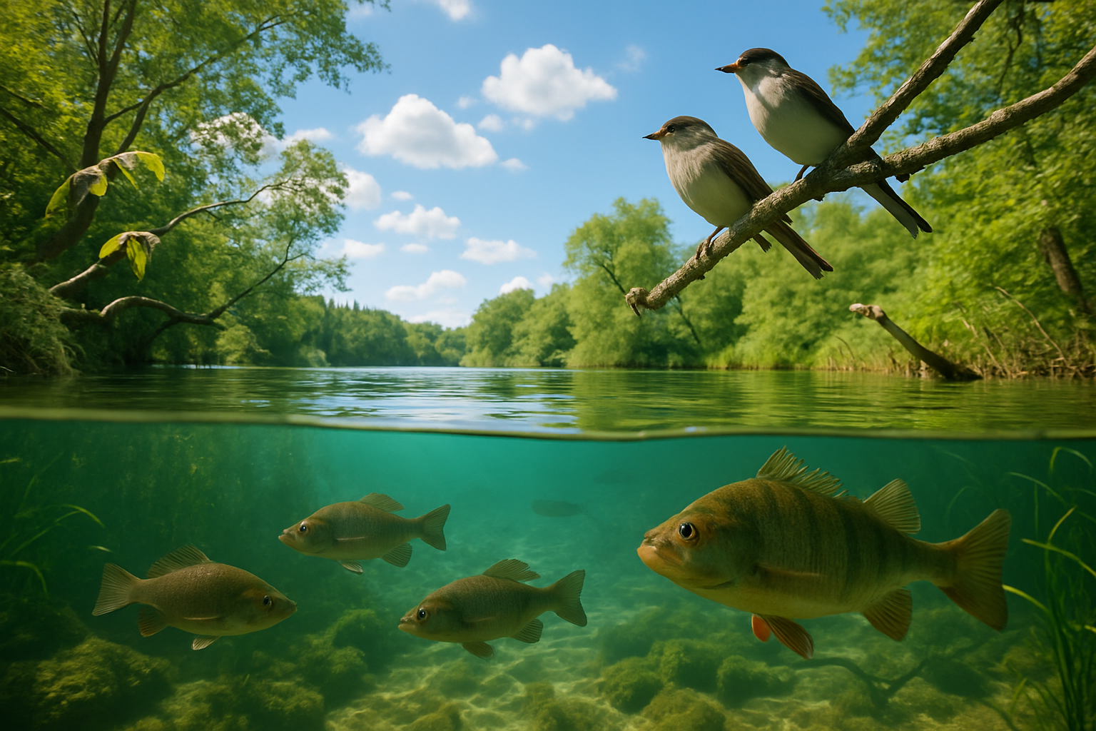 Vibrant freshwater ecosystem with a clear lake and surrounding vegetation, showcasing aquatic life.