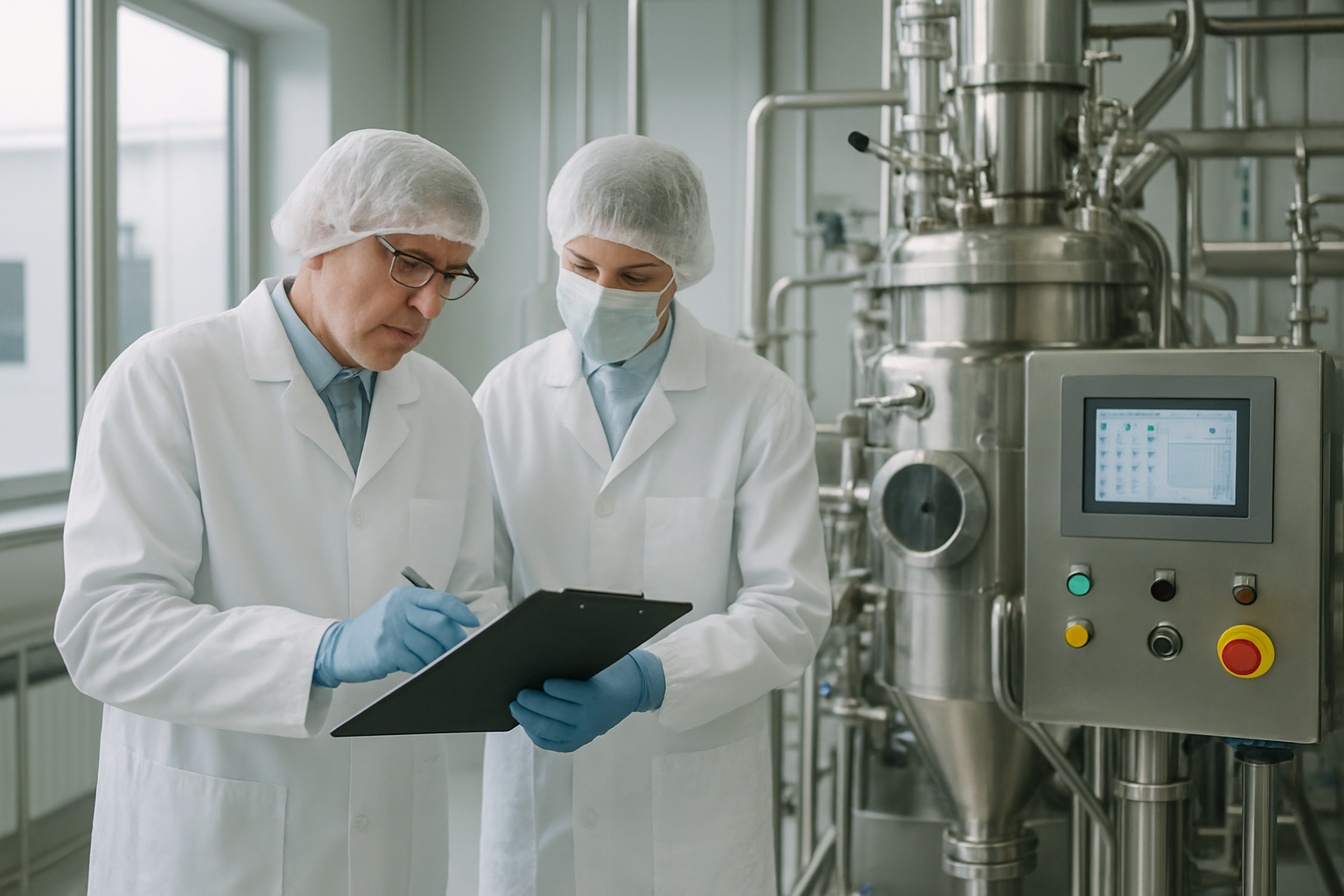 Technicians performing validation review in a pharmaceutical cleanroom.