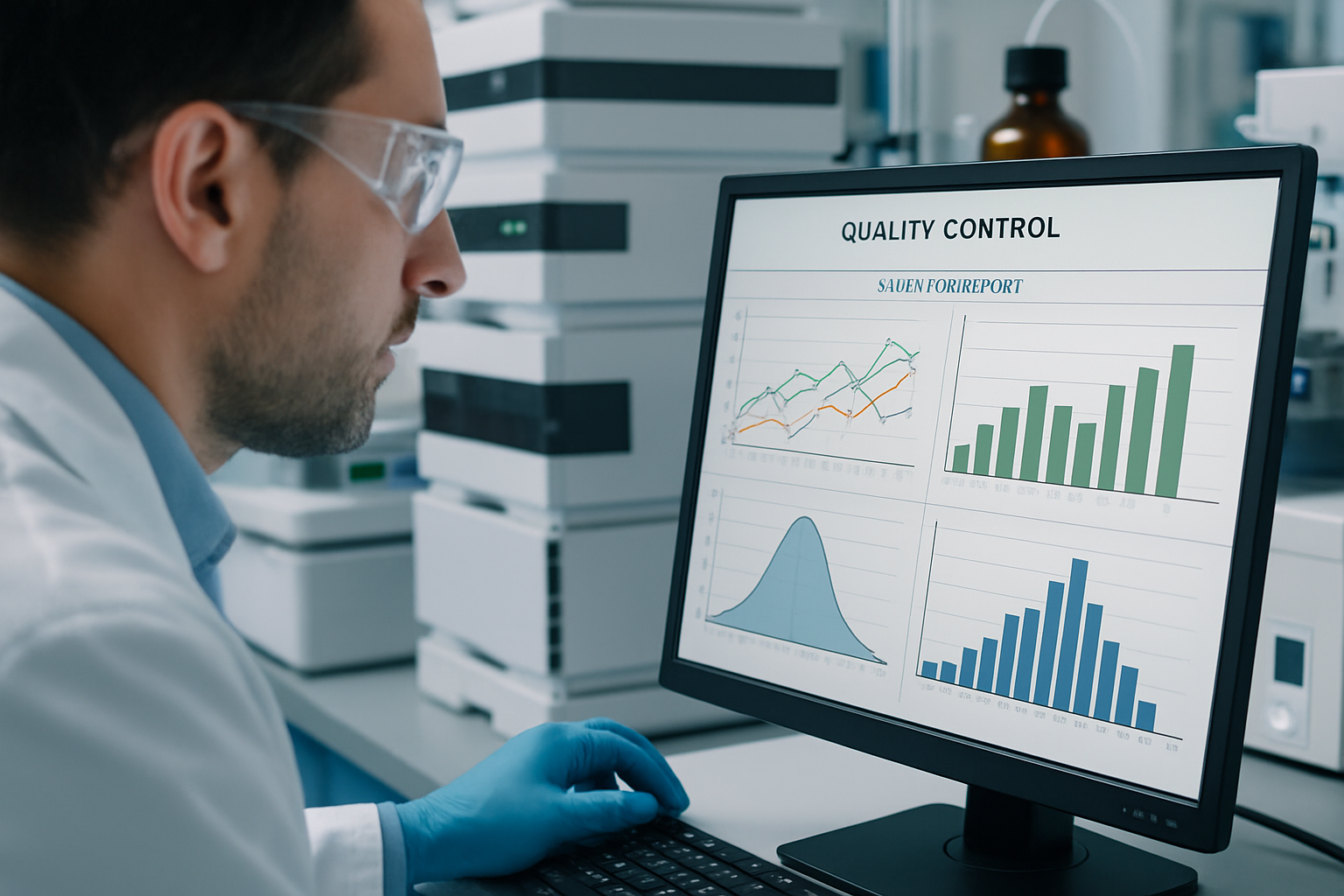 Quality control analyst reviewing validation data in a lab.