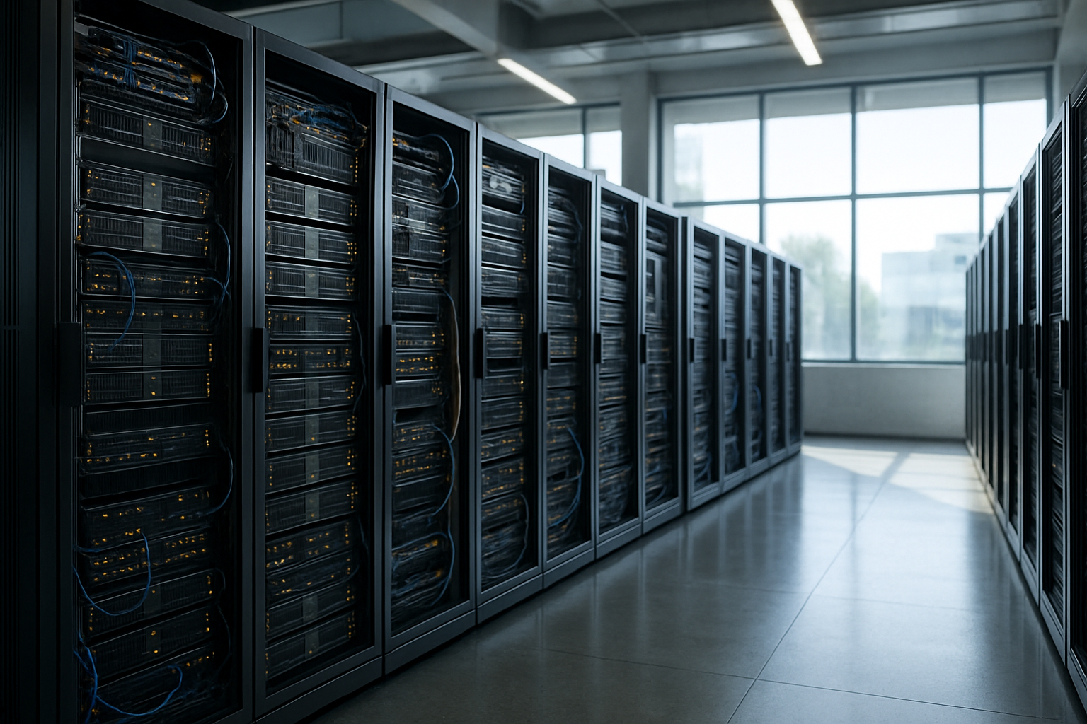 A modern web server room with organized server racks and natural lighting.
