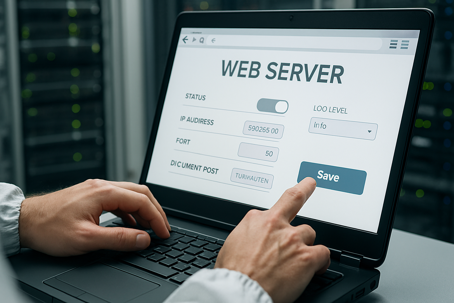 Technician adjusting settings on a web server console in a cleanroom.