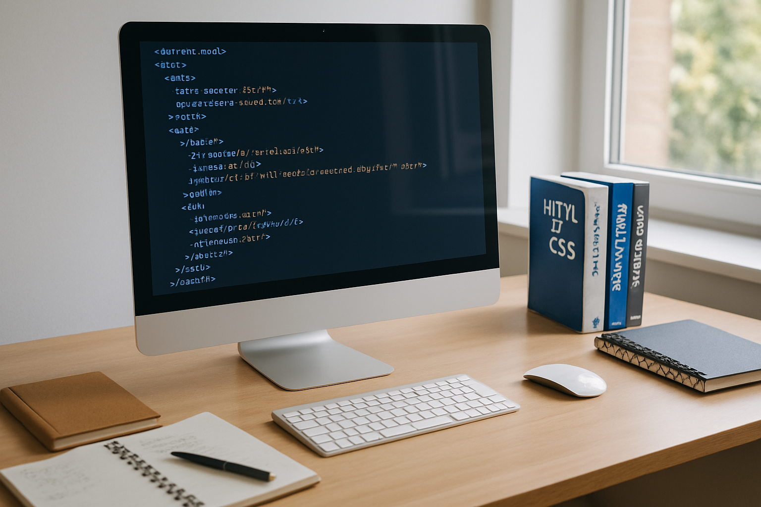 Web developer's workspace with HTML code on screen and programming books.