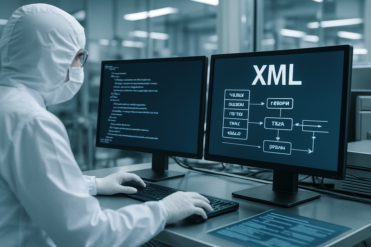 Cleanroom setup showing XML data processing on computer screens.