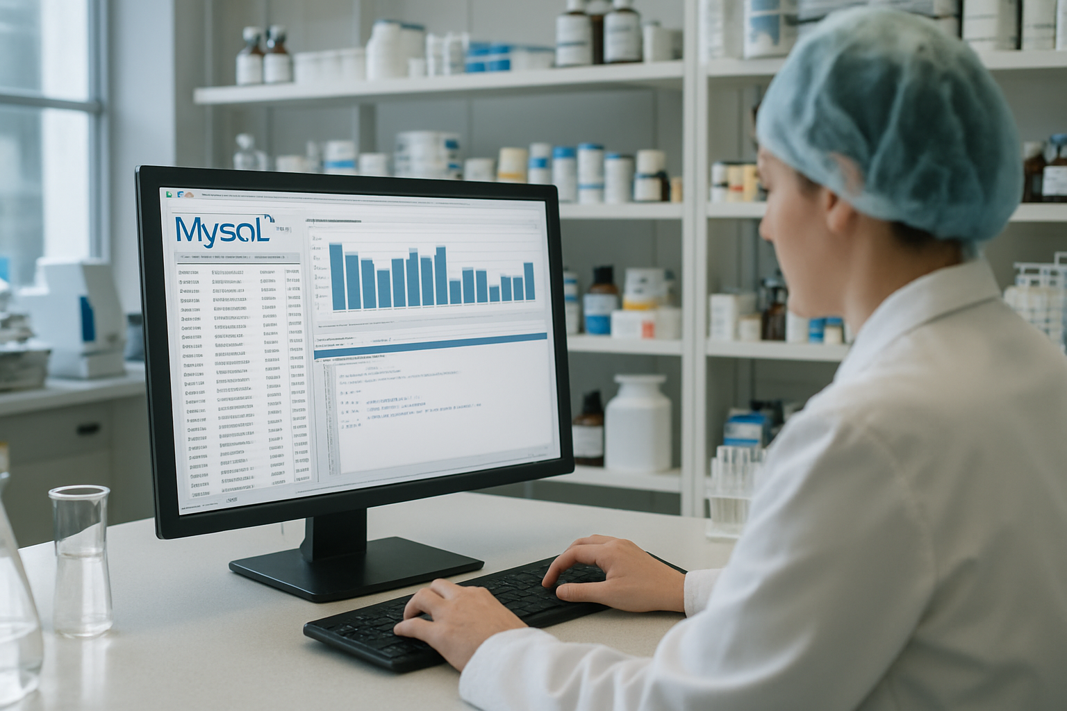 Technician analyzing data in a pharmaceutical lab using MySQL database.