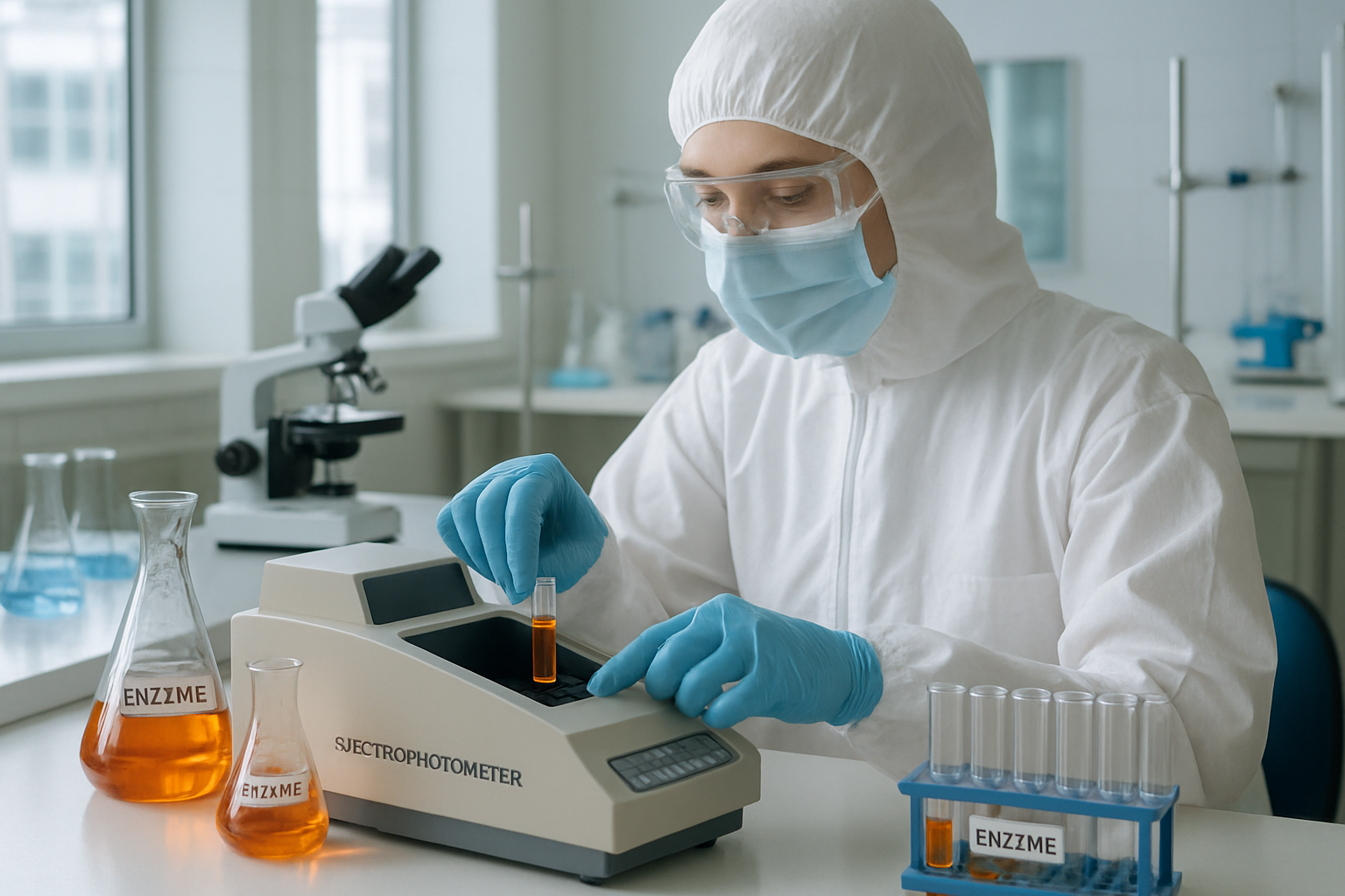 Laboratory technician analyzing enzyme samples with a spectrophotometer in a cleanroom.