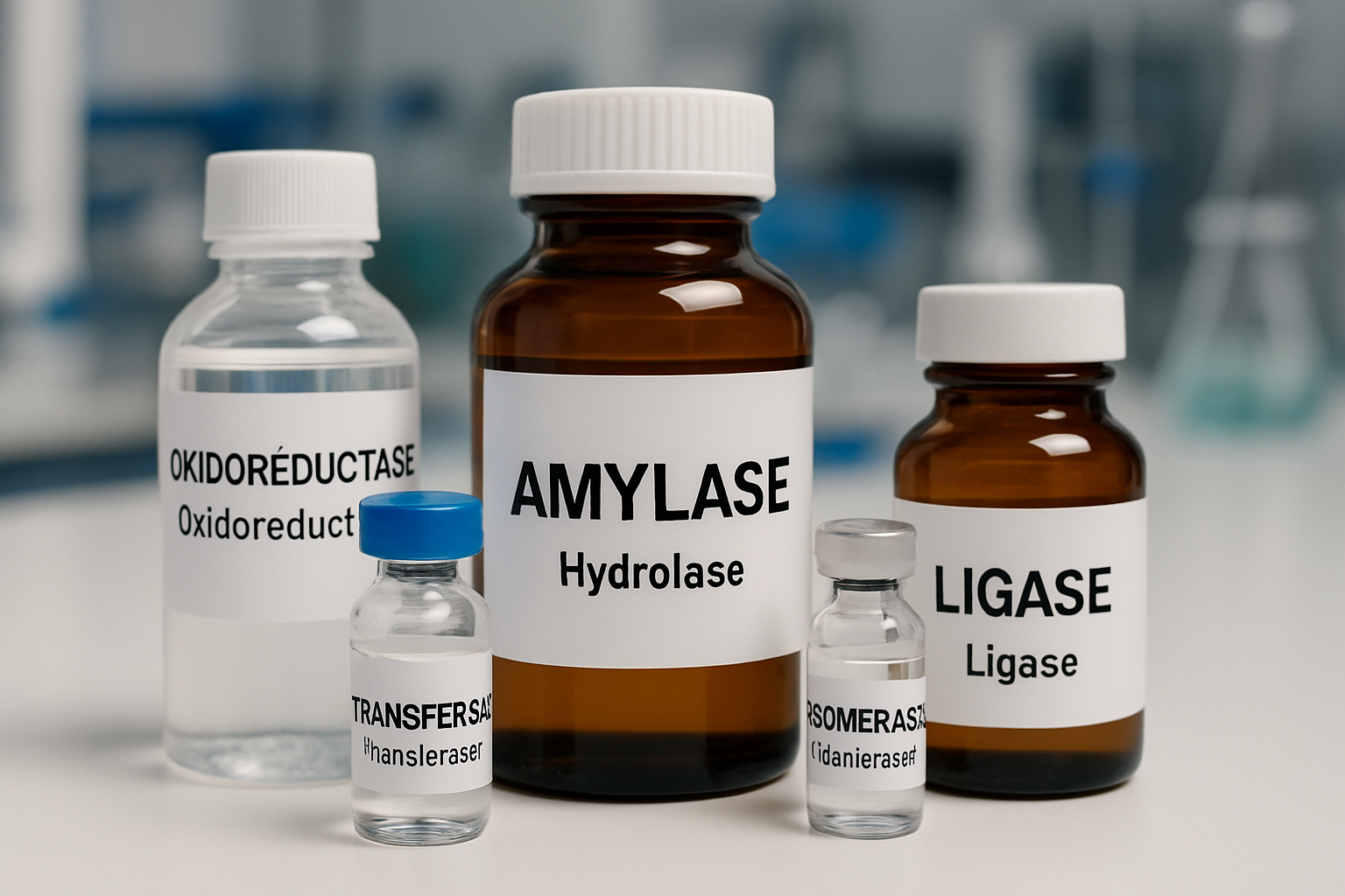 Various labeled enzyme vials showcasing different classifications on a lab bench.