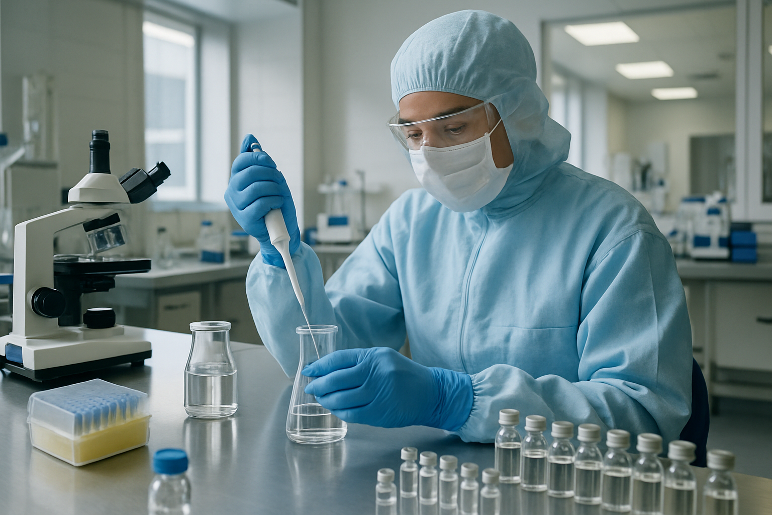 Laboratory technician preparing pharmaceutical samples in a cleanroom.